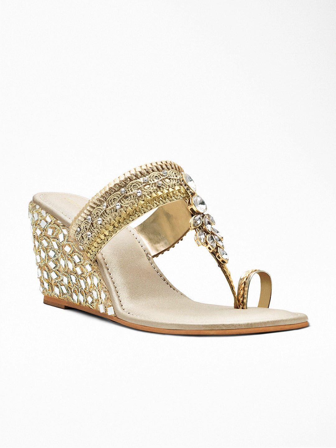 Gold glass Leaf Wedge Sandal