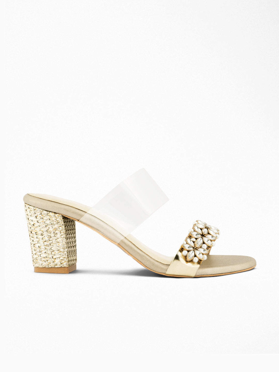 Gold Crystal Pearl Block Heel Mule