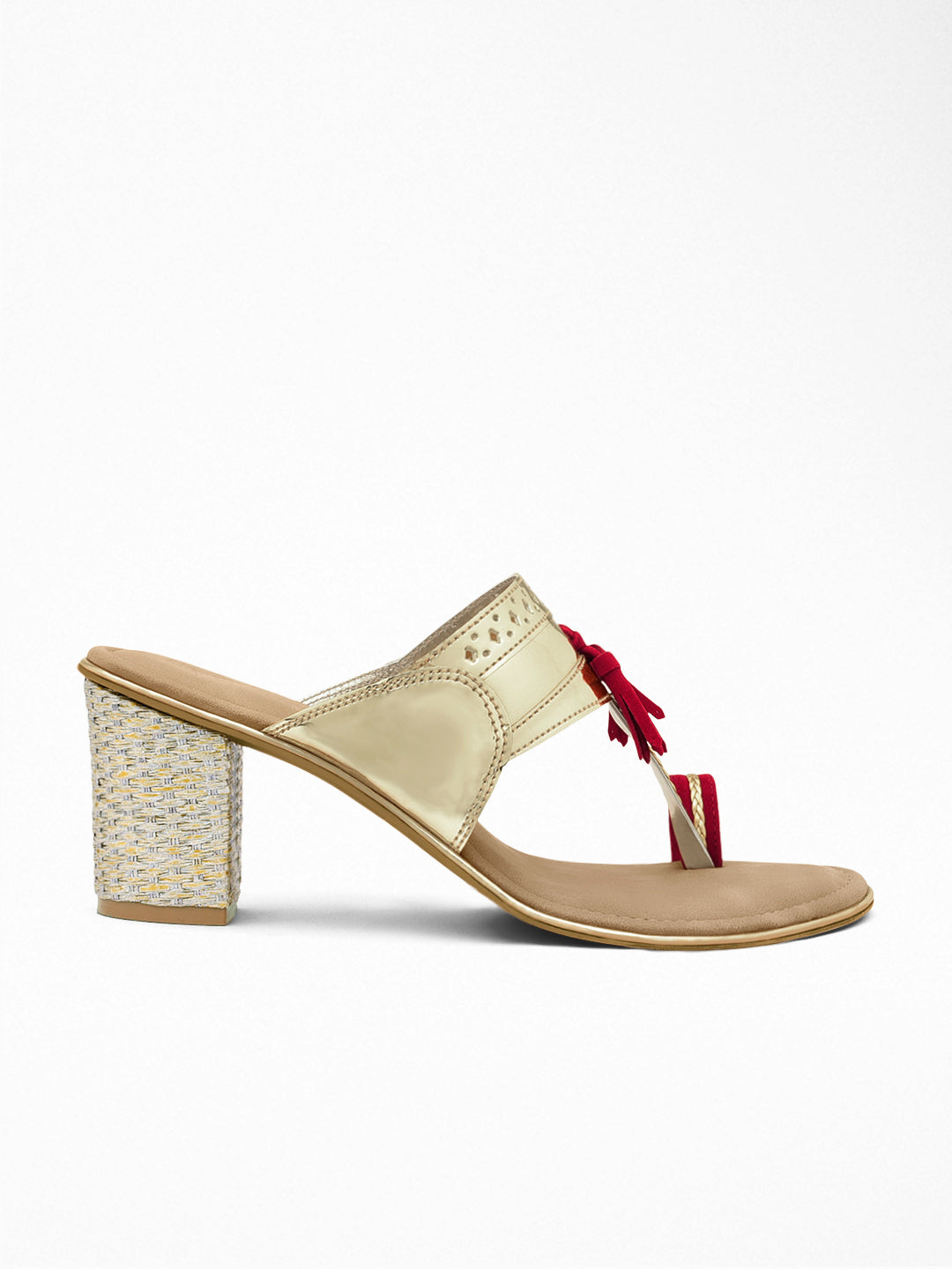 Gold Red Tassel Block Heel Sandal