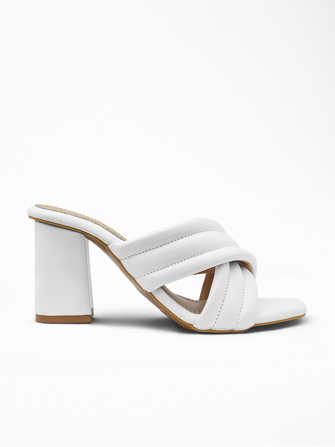 White Padded Cross-Strap Block Heel
