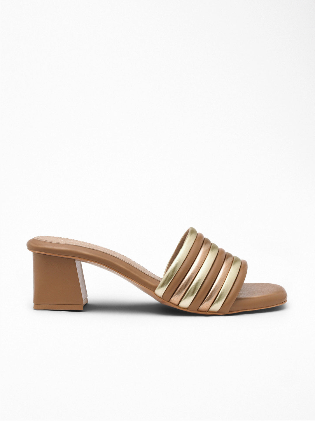 Tan Gold Pleated Block Heel Mule