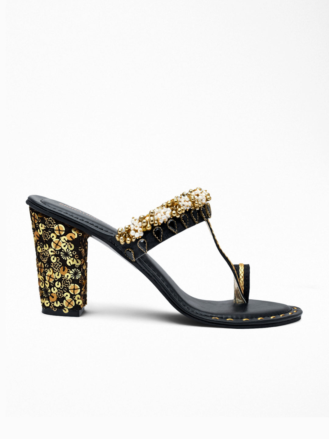 Black Gold Kundan Block Heel Sandal