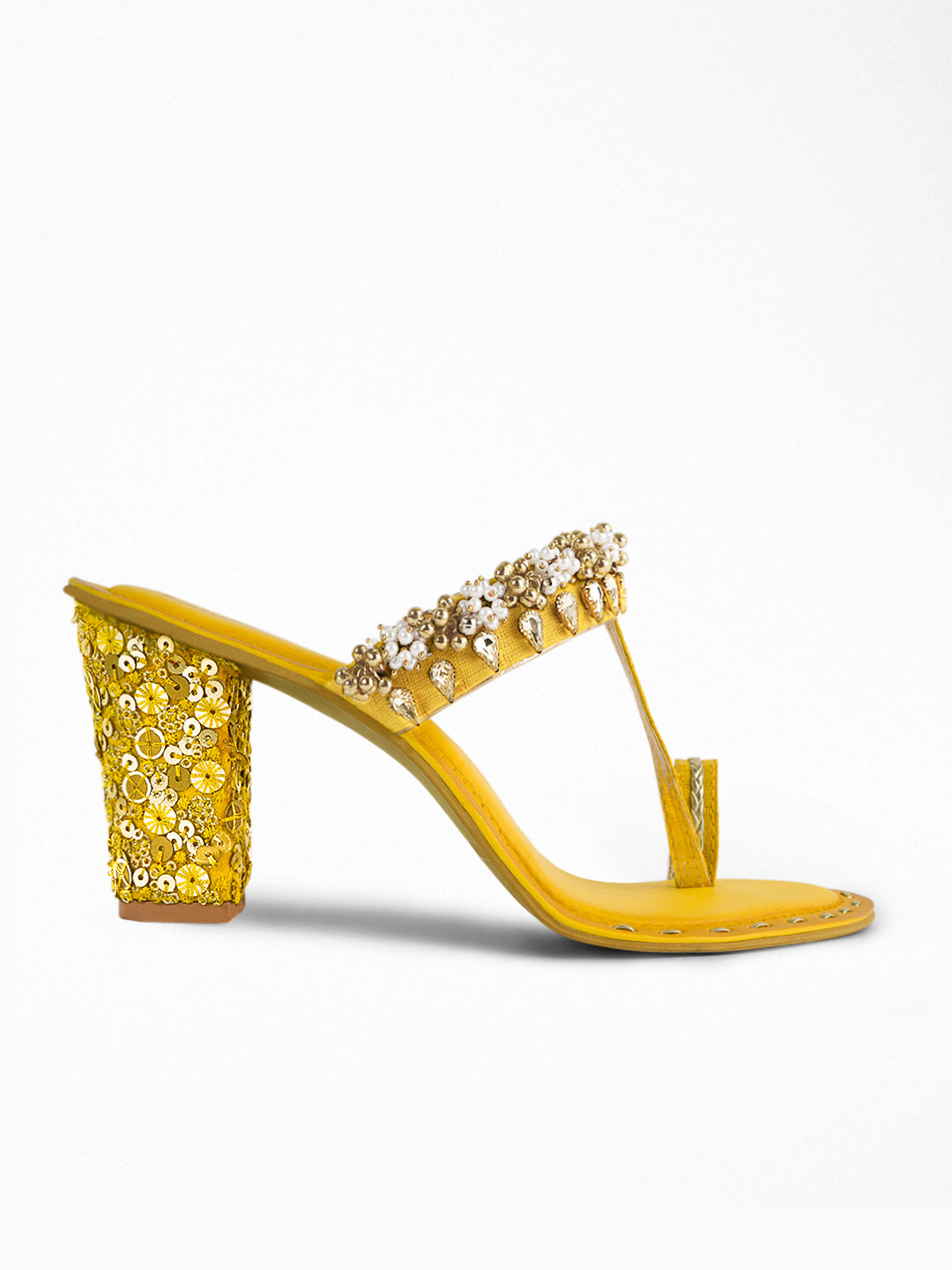 Gold Yellow Kundan Block Heel Sandal