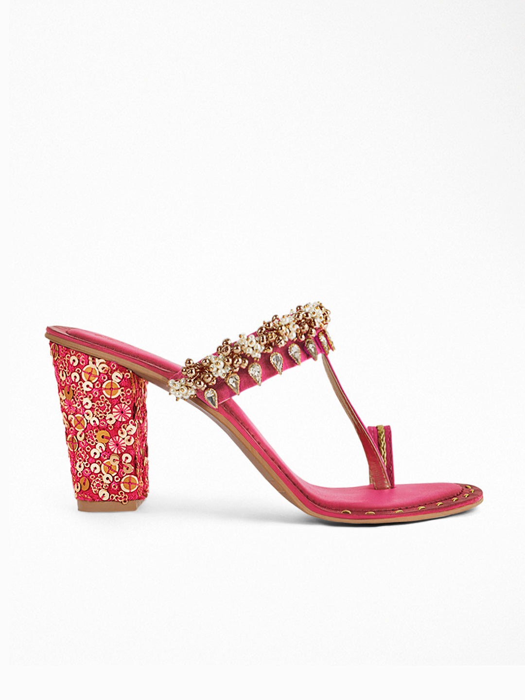 Pink Kundan Block Heel Sandal
