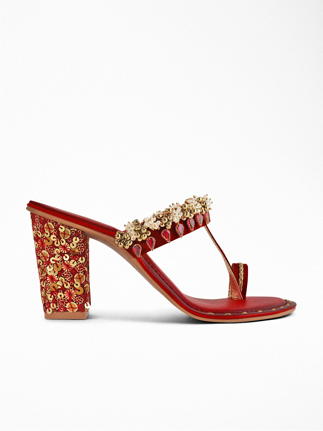 Red Gold Kundan Block Heel Sandal