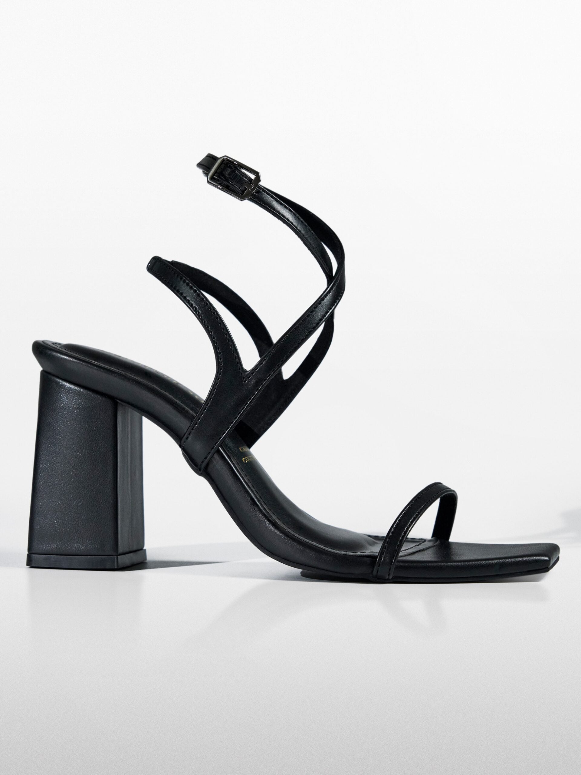 Black Strappy Ankle Block Heel Sandal