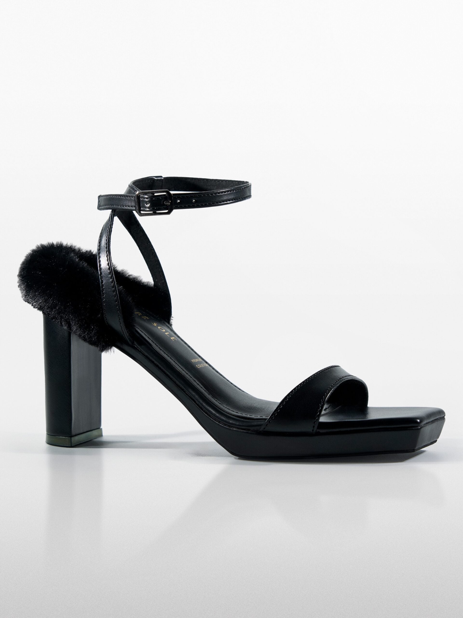 Black Faux Fur wedge Block Heel