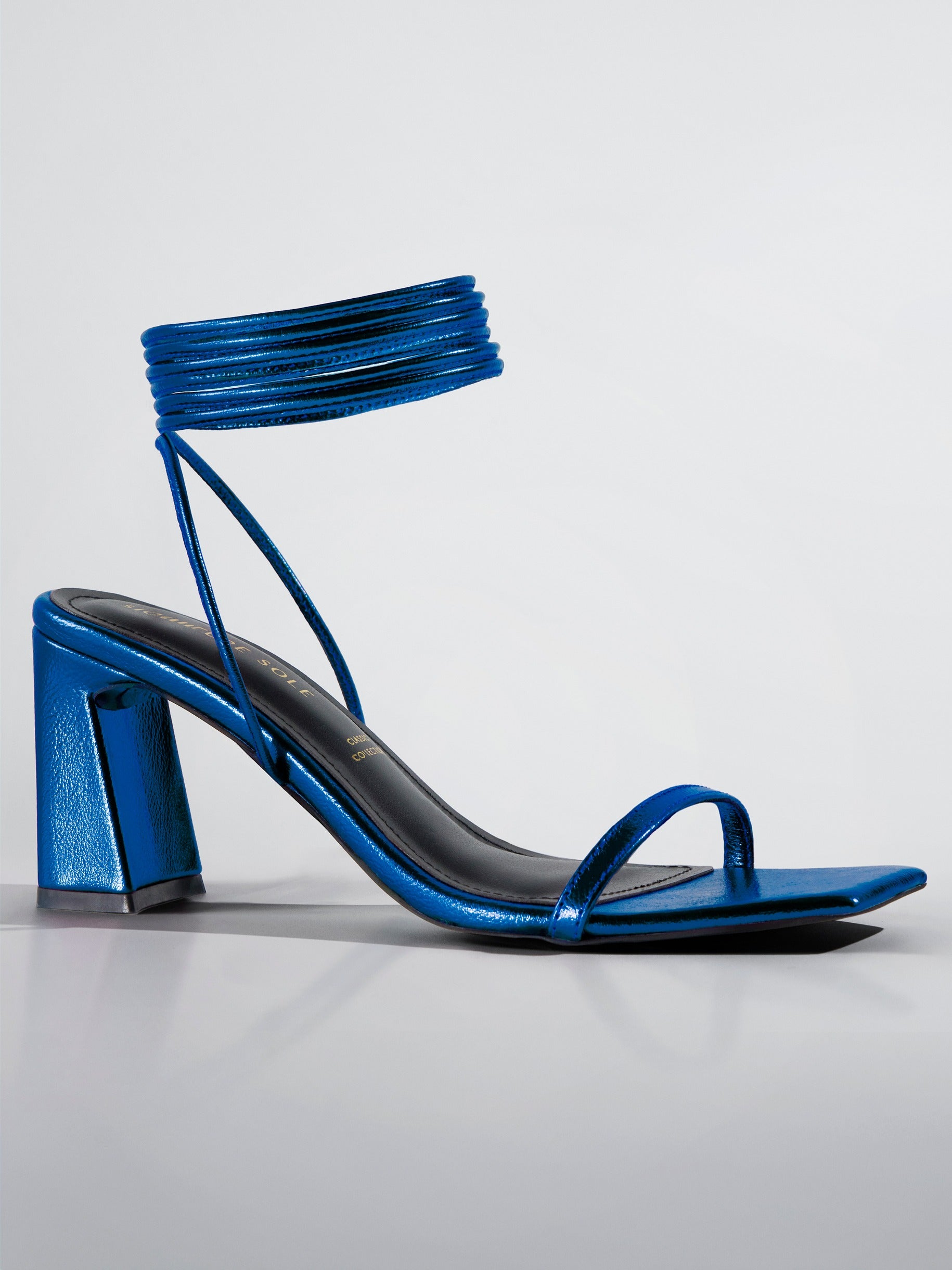 Blue Metallic Ankle Wrap Block Heel