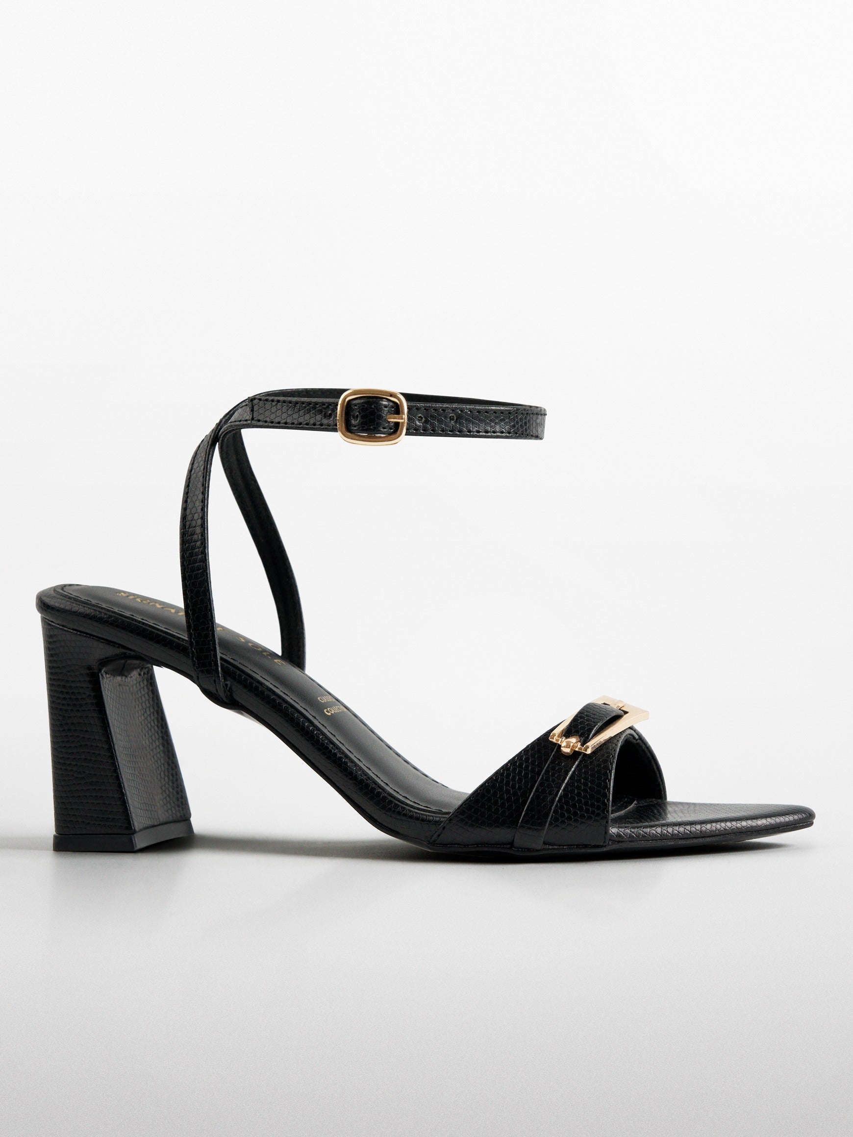 Black Gold Clasp Open Toe Heel Sandal