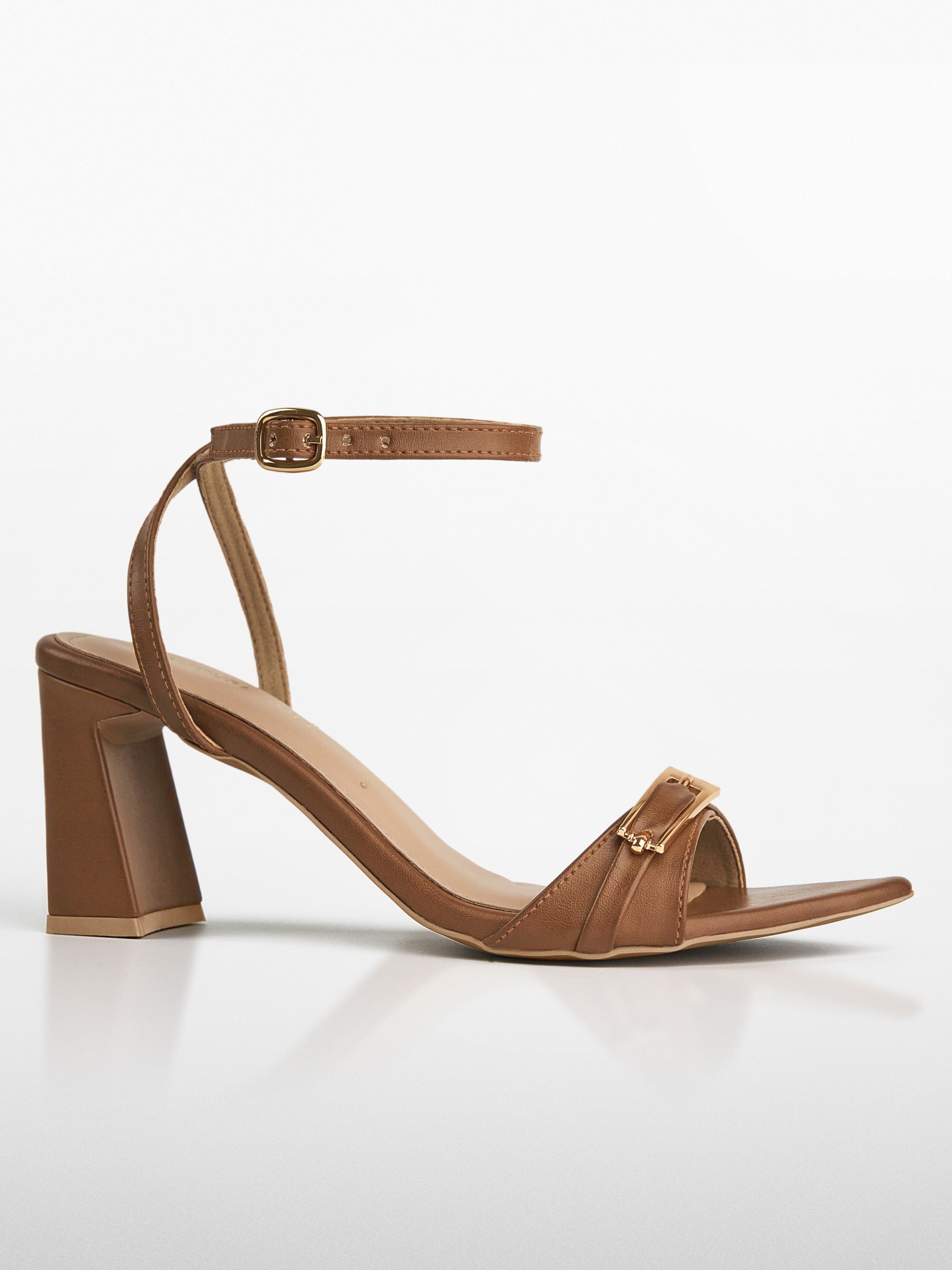 Tan Gold Buckle Pointed Toe Heel Sandal