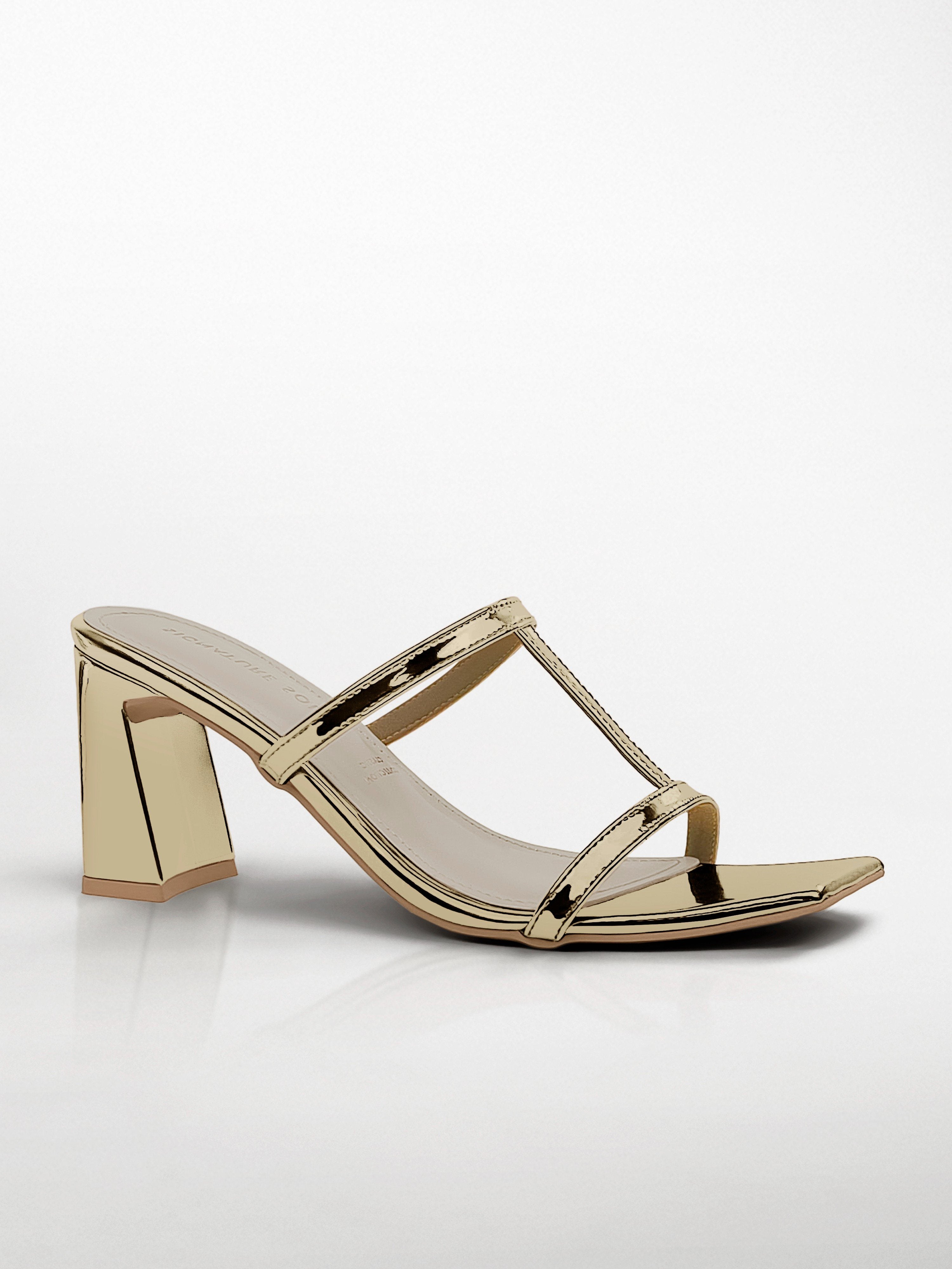 Gold T-strap Block Heel Mule