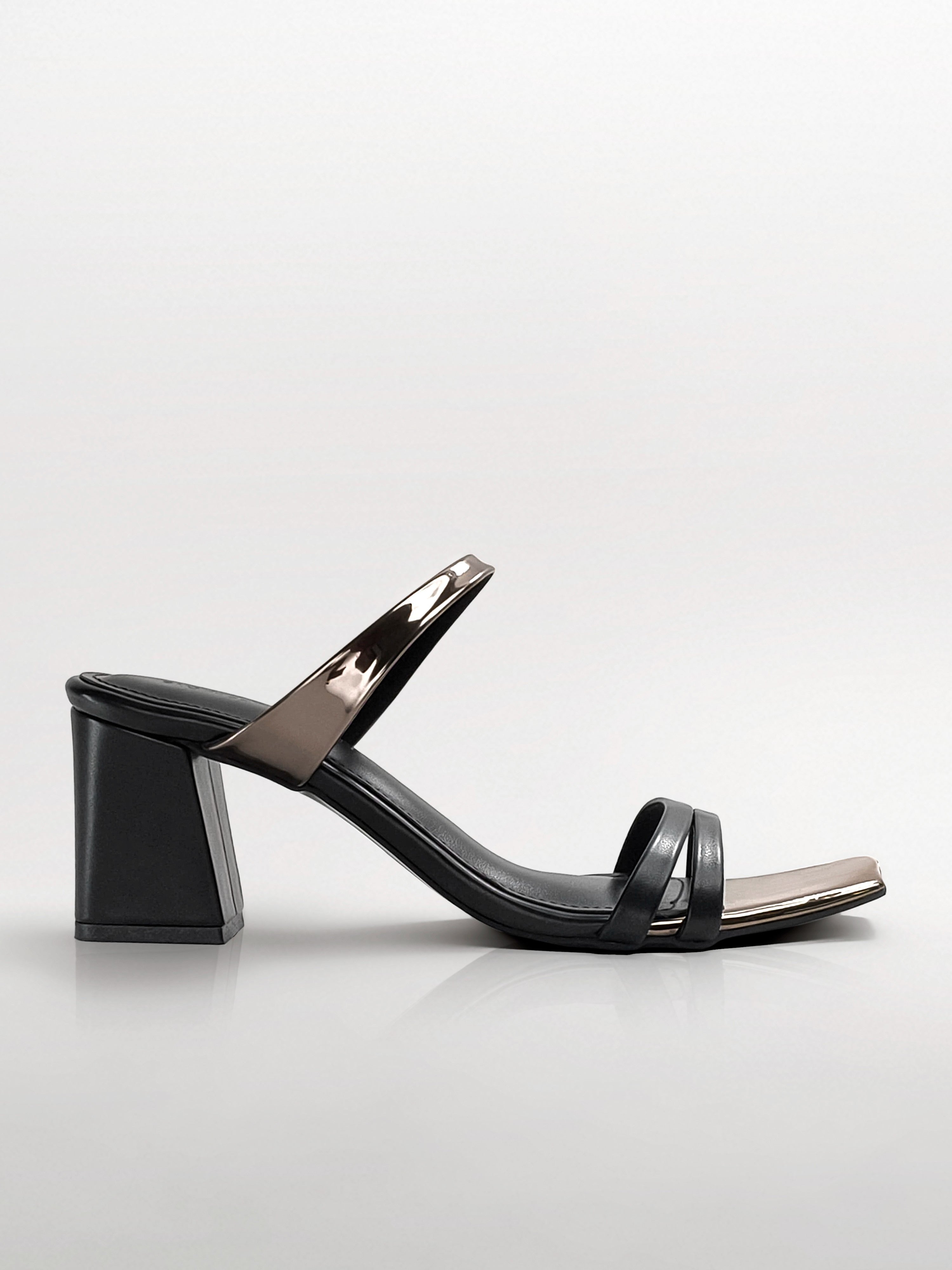 Black Gunmetal Block Heel Mule