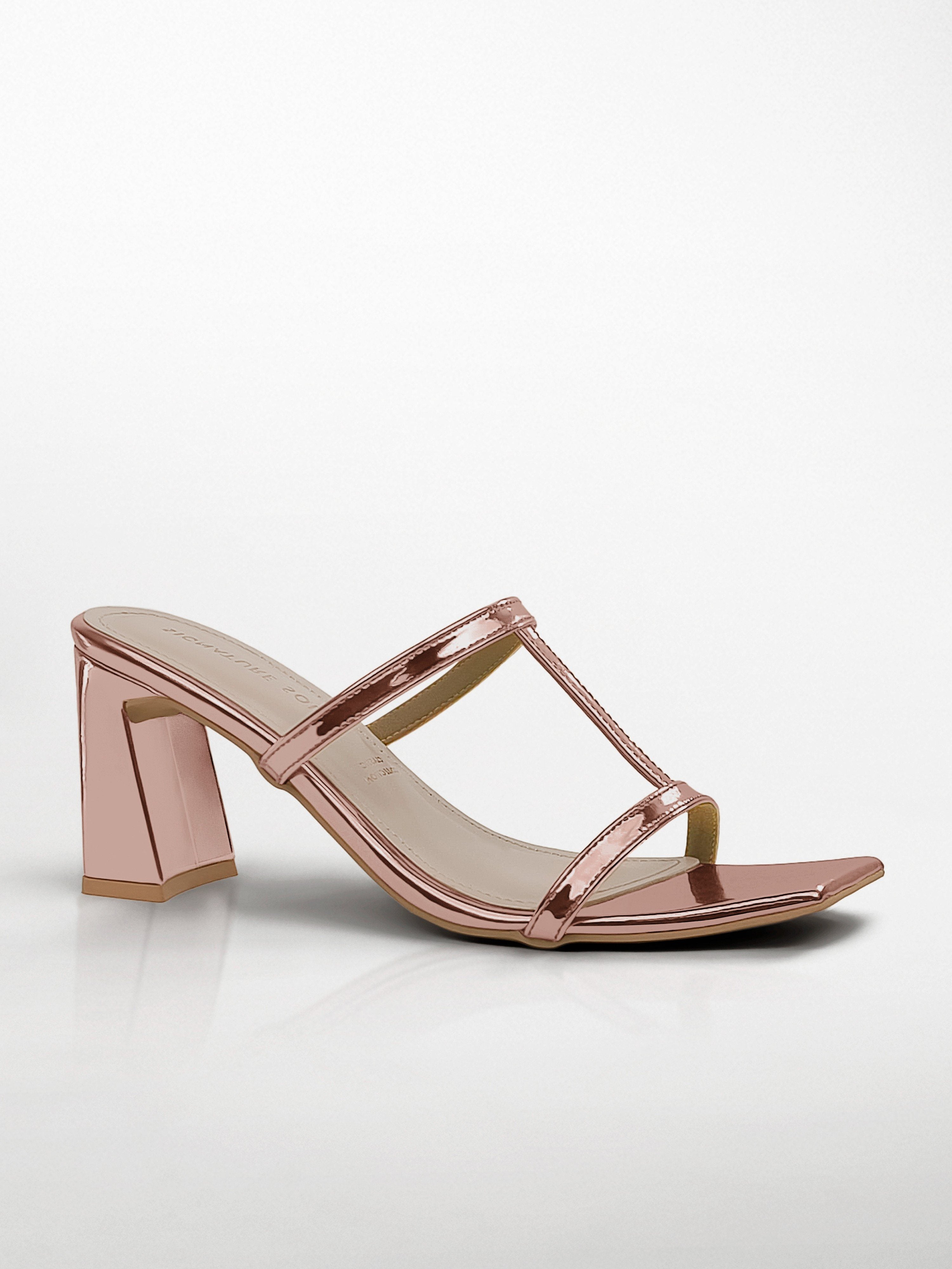 Rose Gold T-strap Block Heel Mule