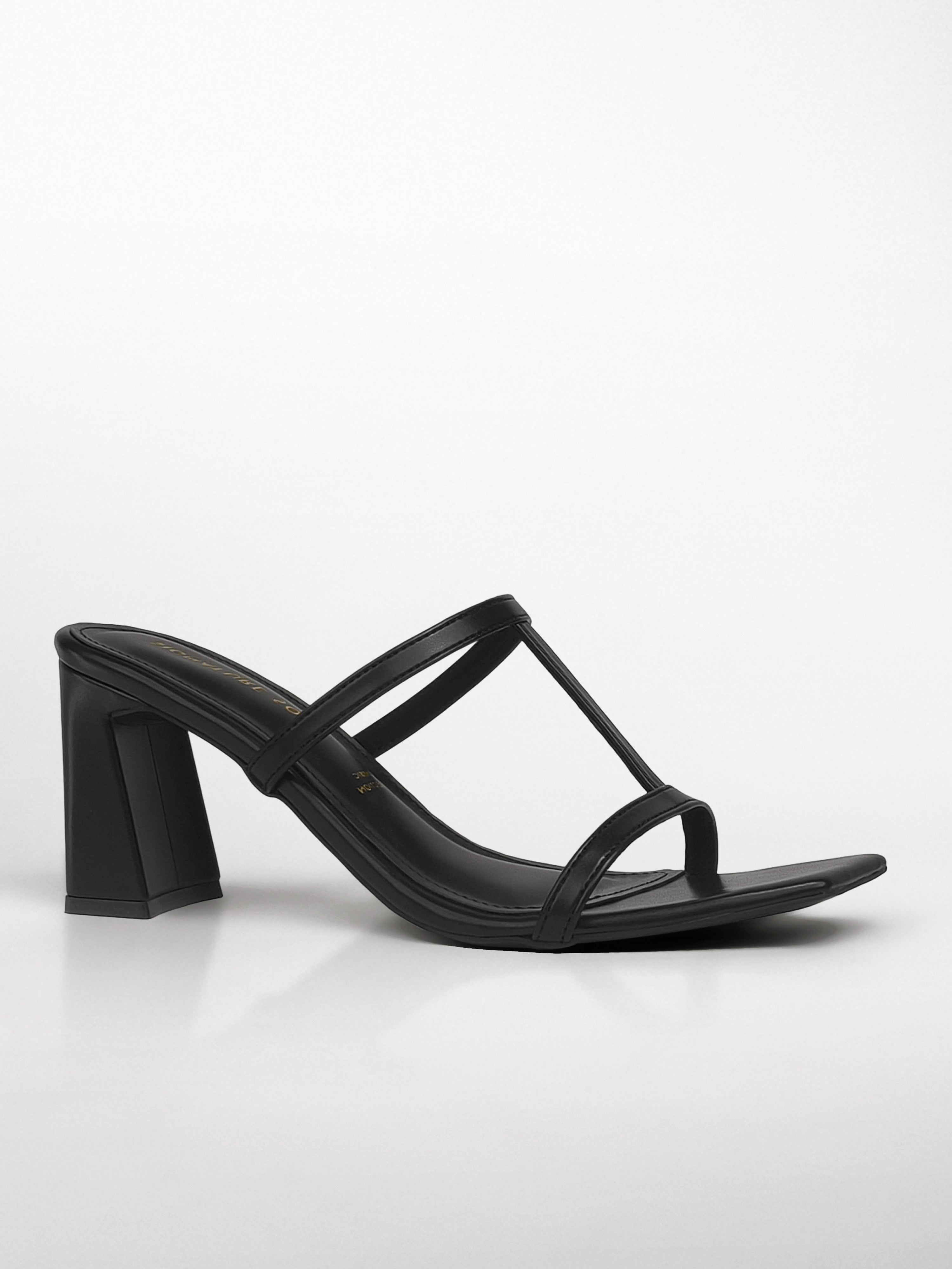 Black T-strap Block Heel Mule