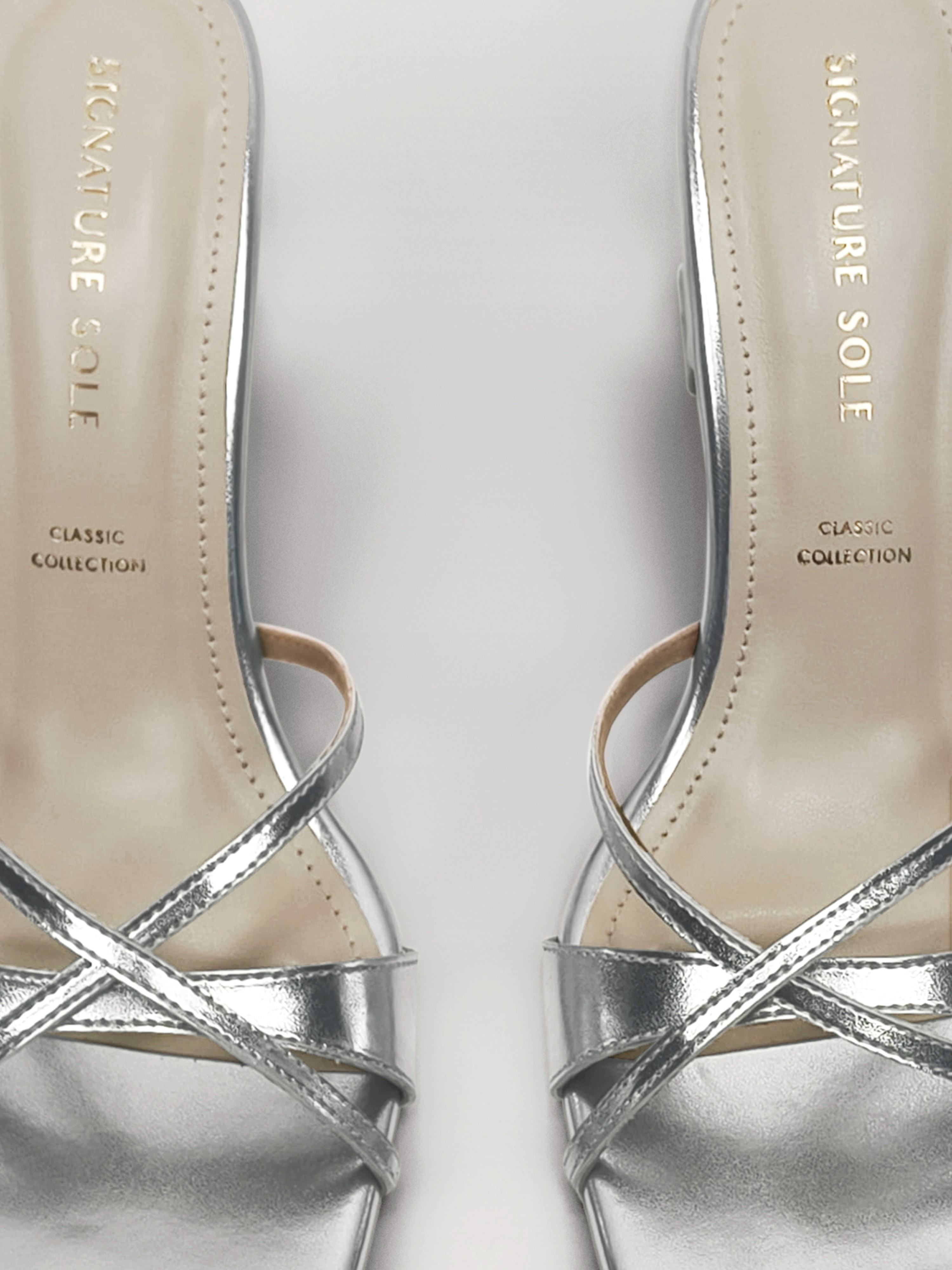 Silver Cross-Strap Block Heel Mule