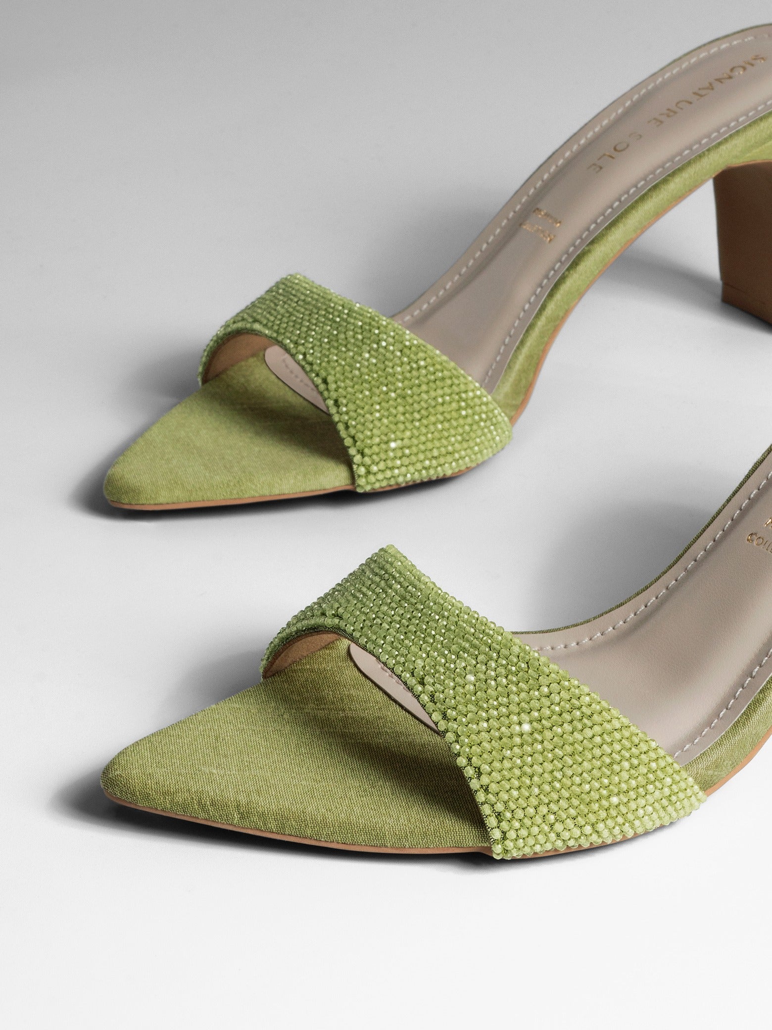 Green Crystal Embellished Kitten Heel