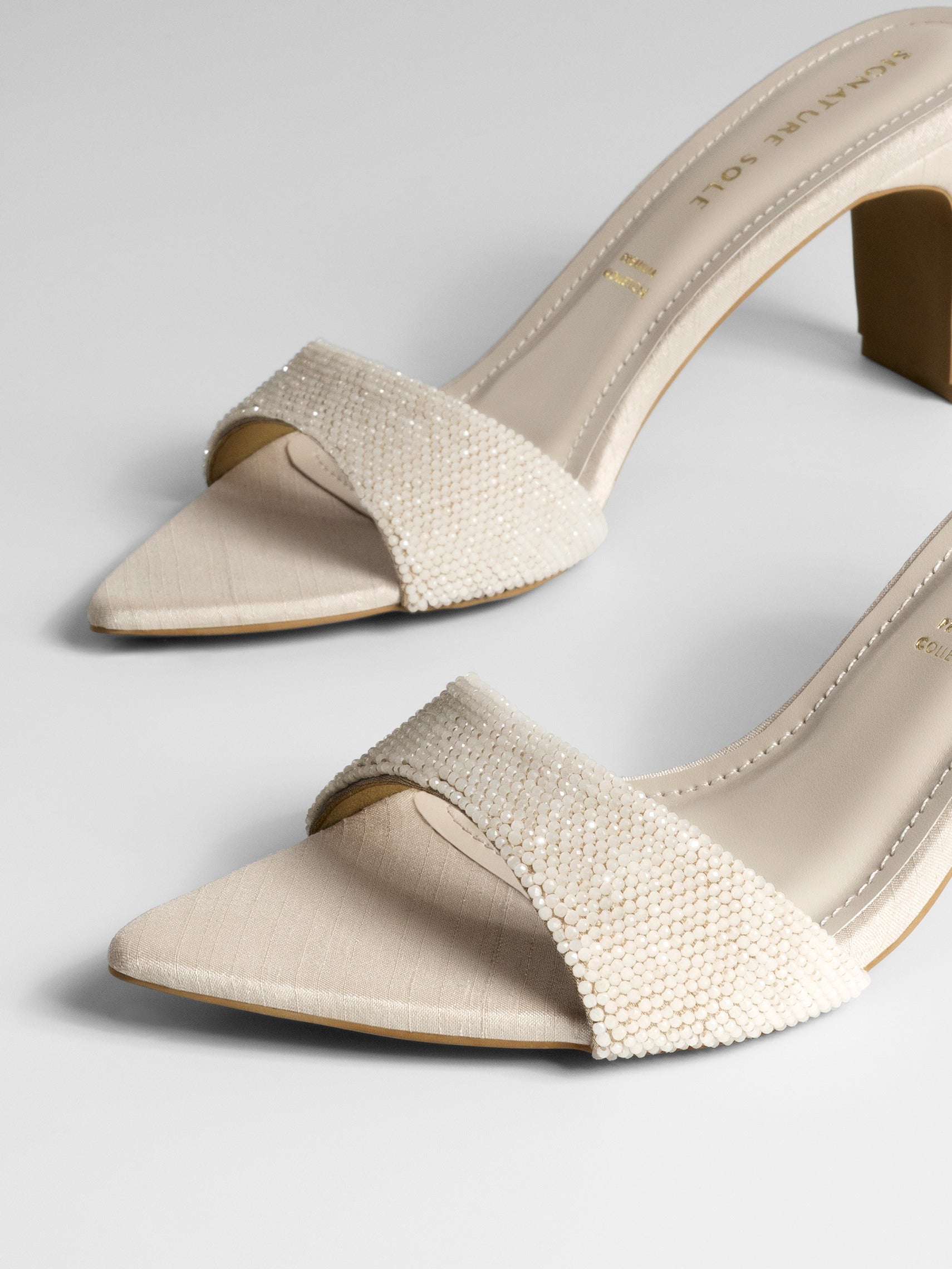 Ivory Crystal Embellished Block Heel Mule