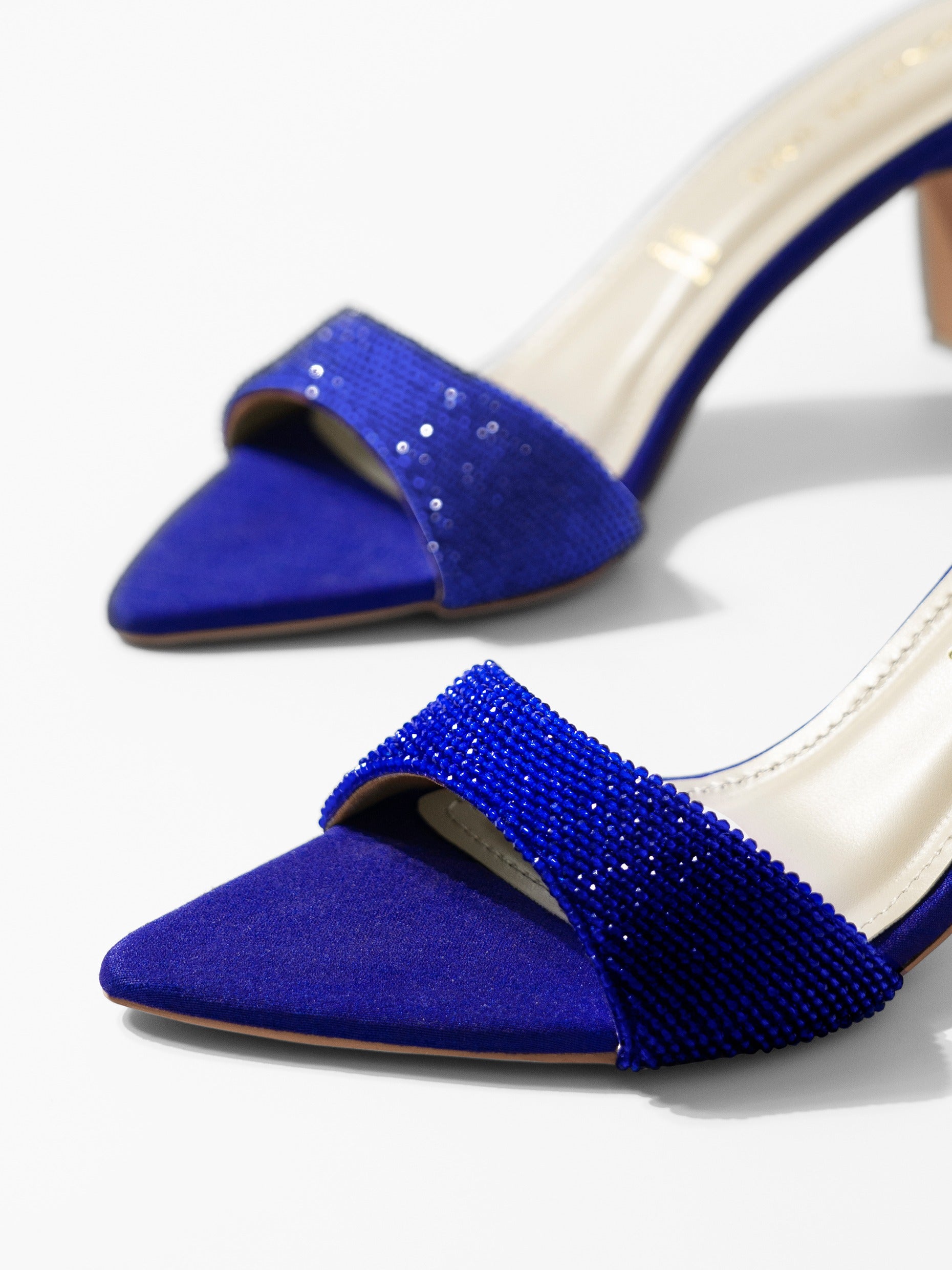 Blue Crystal Embellished Block Heel Mule