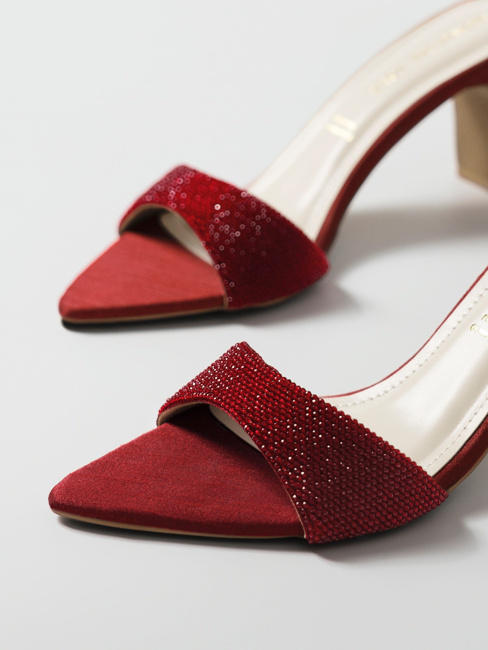 Red Crystal Embellished Block Heel Mule