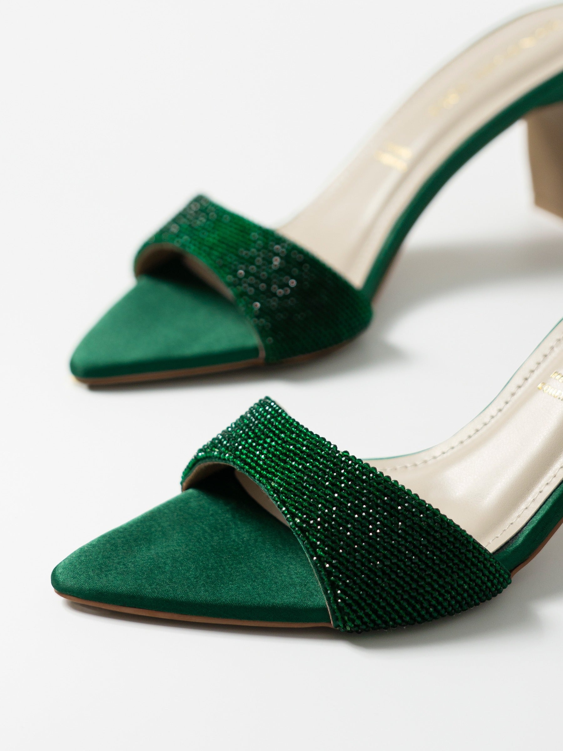 Green Crystal Embellished Kitten Heel Mule