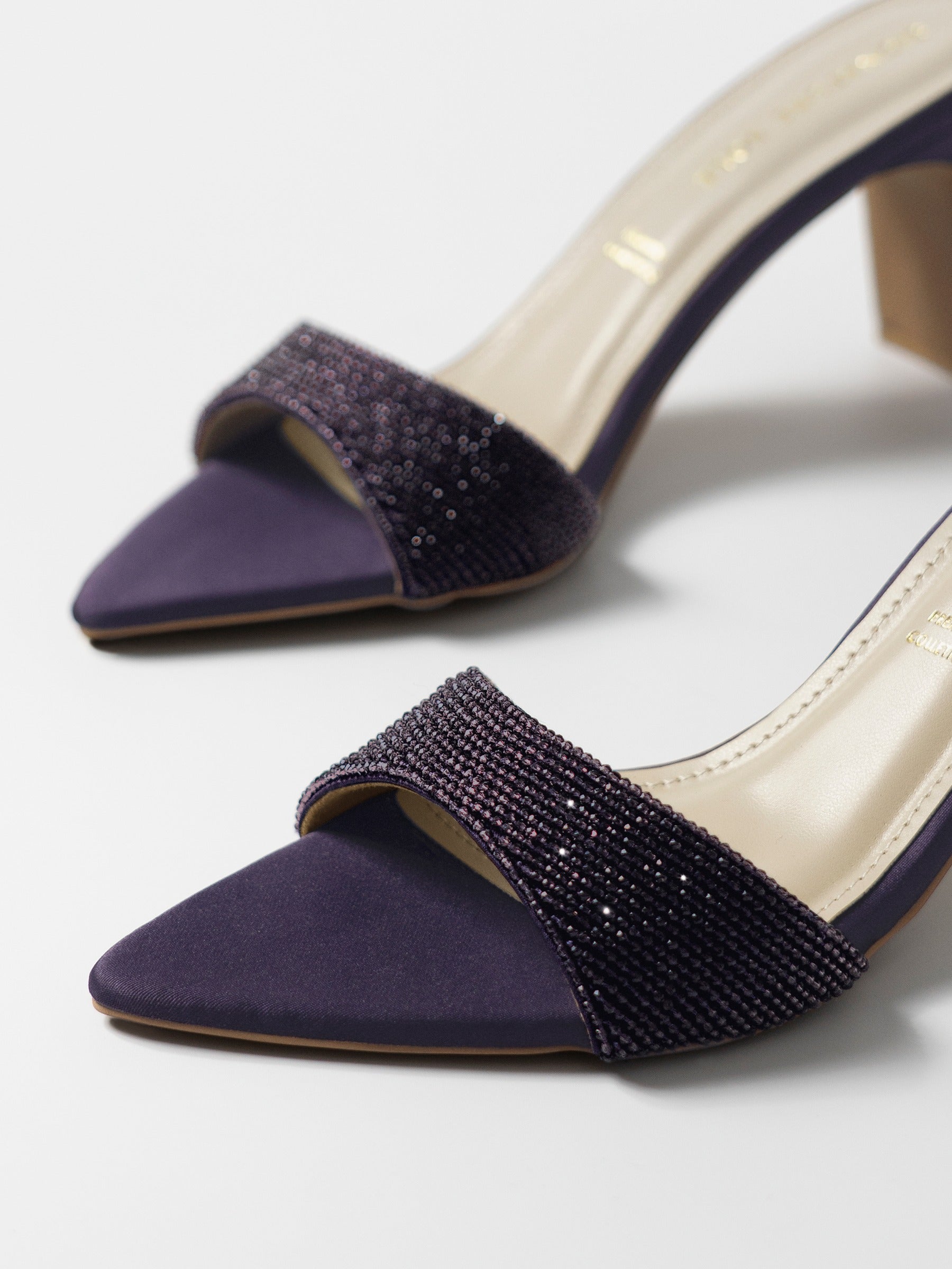 Purple Crystal Embellished Kitten Heel Mule