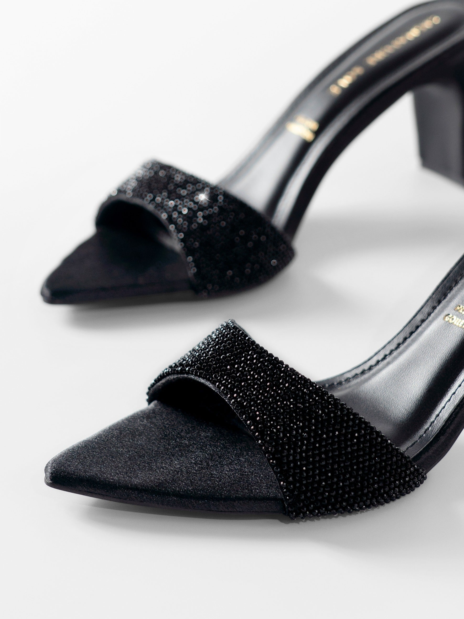 Black Crystal Embellished Kitten Heel Mule