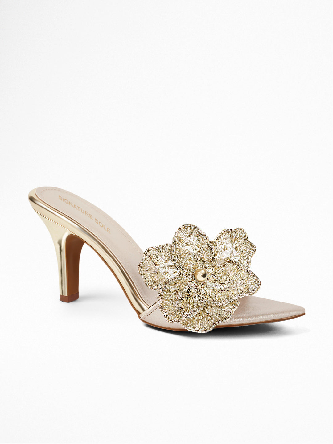 Gold Flower Heel Mule
