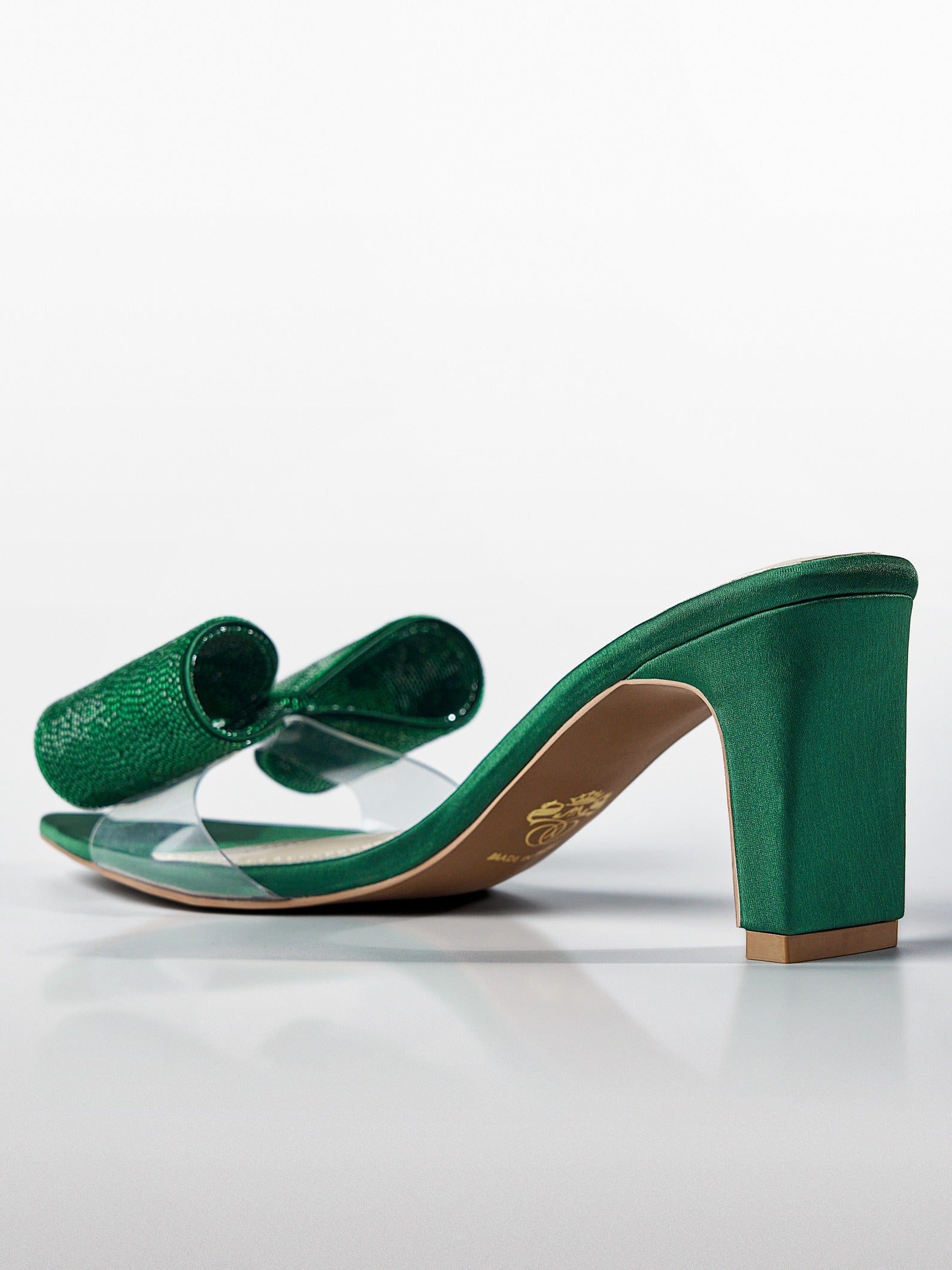 Green Crystal Bow Satin Kitten Heel