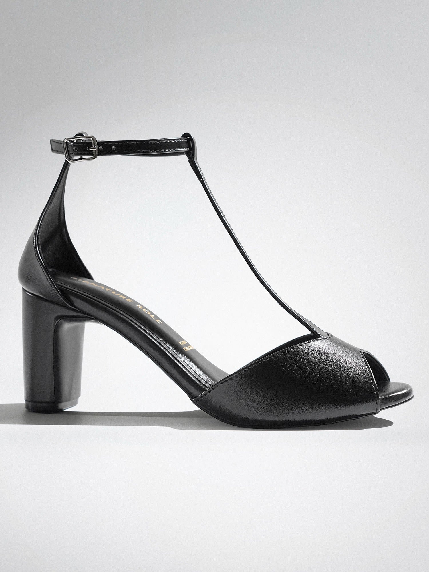 Black T-strap Block Heel Sandal