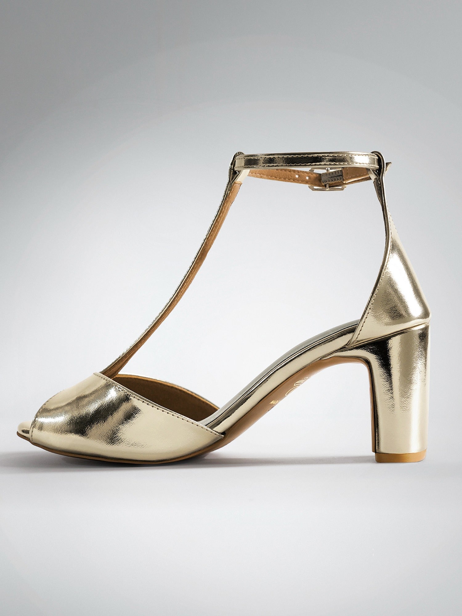 Gold T-strap Block Heel Sandal