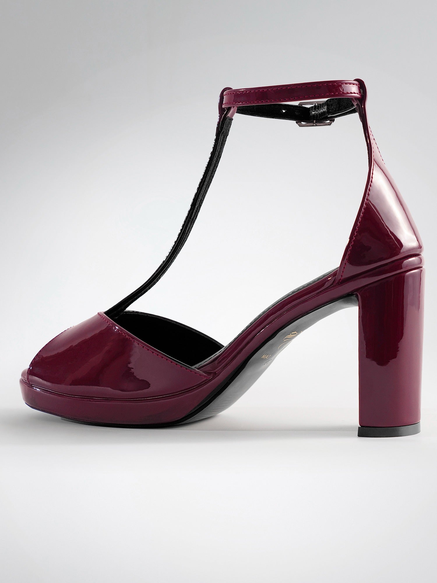 Plum Patent T-strap wedge Heel