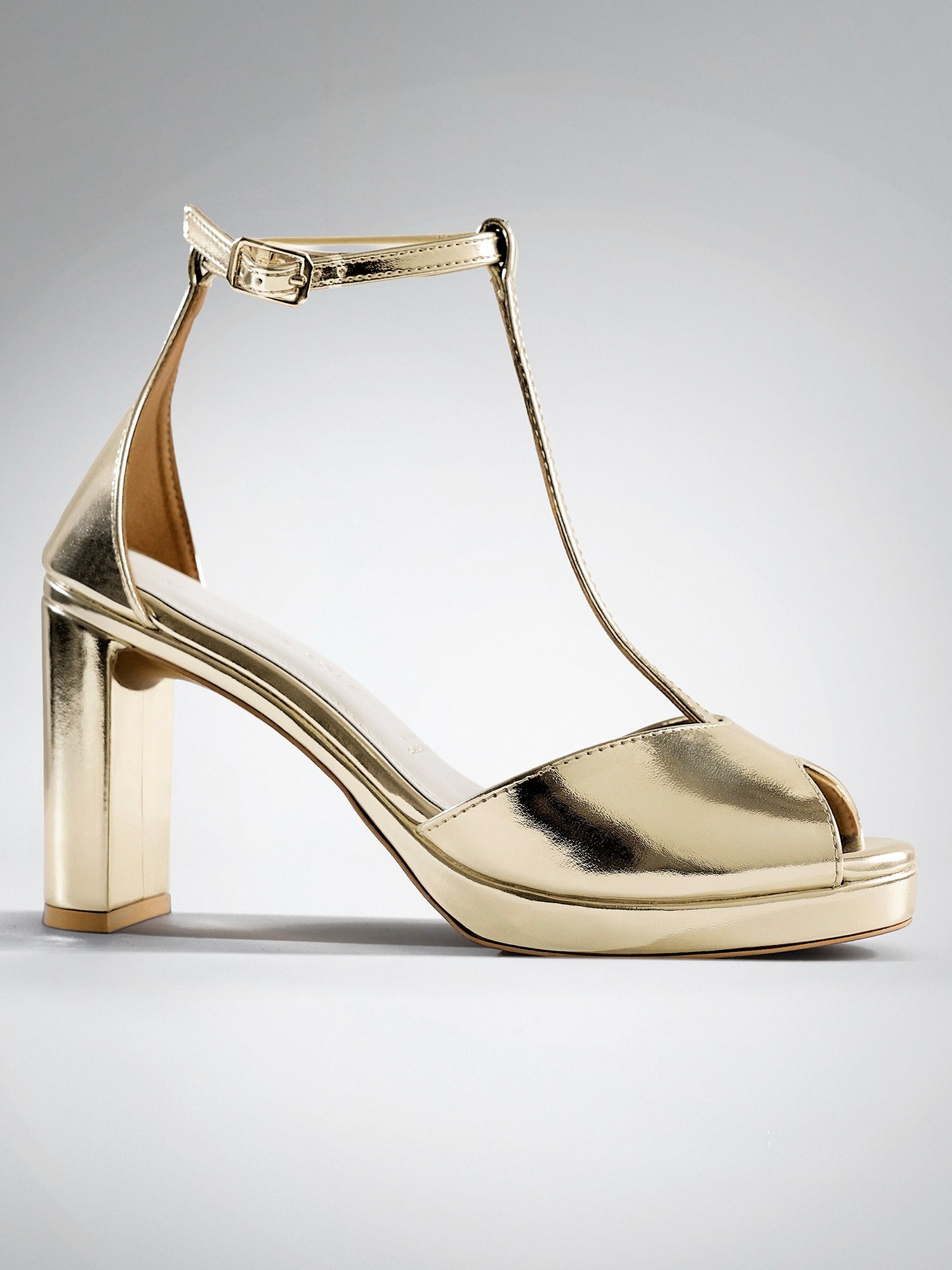 Gold wedge T-strap Block Heel