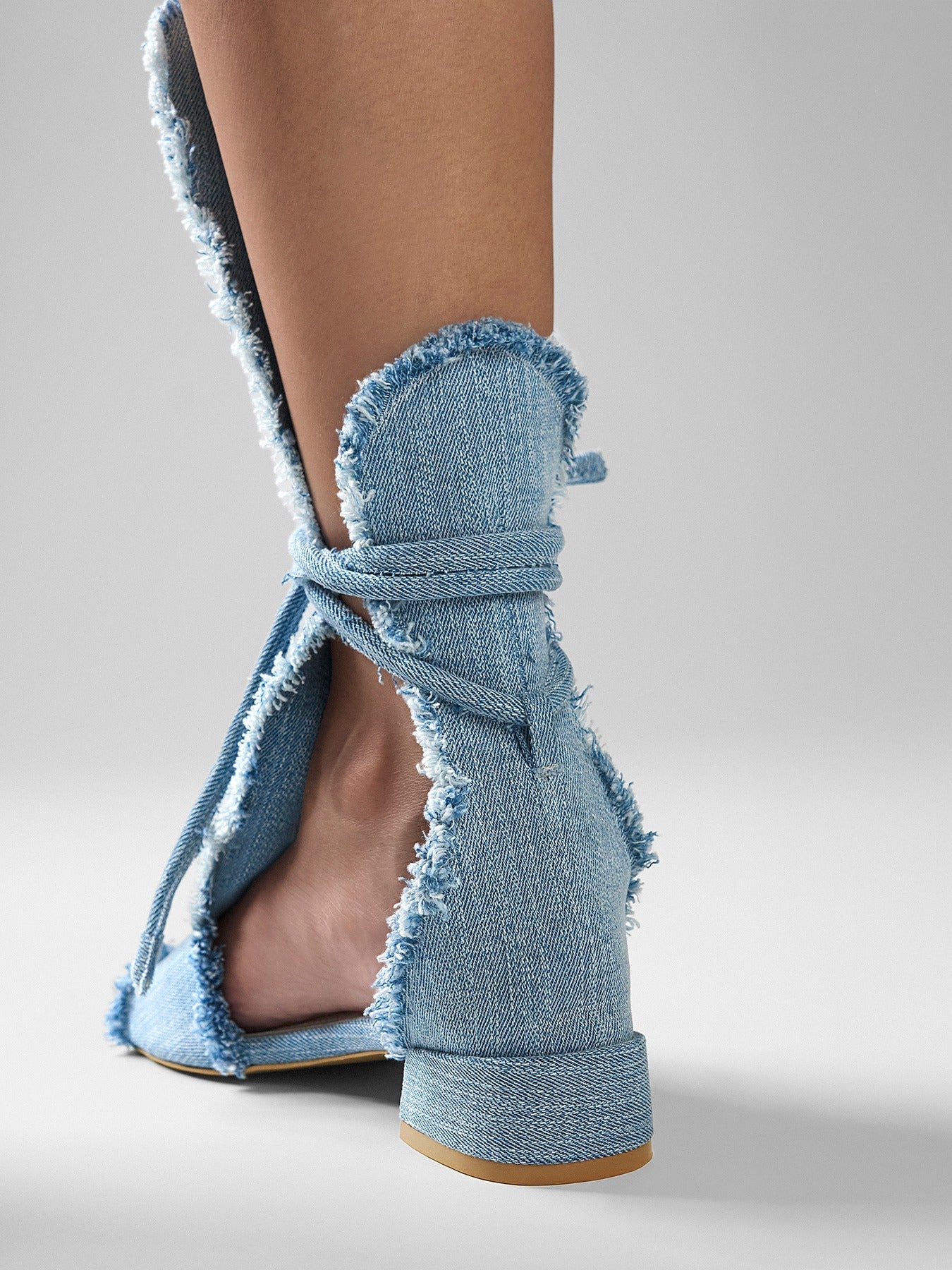 Denim Frayed Lace-Up Flat Sandal