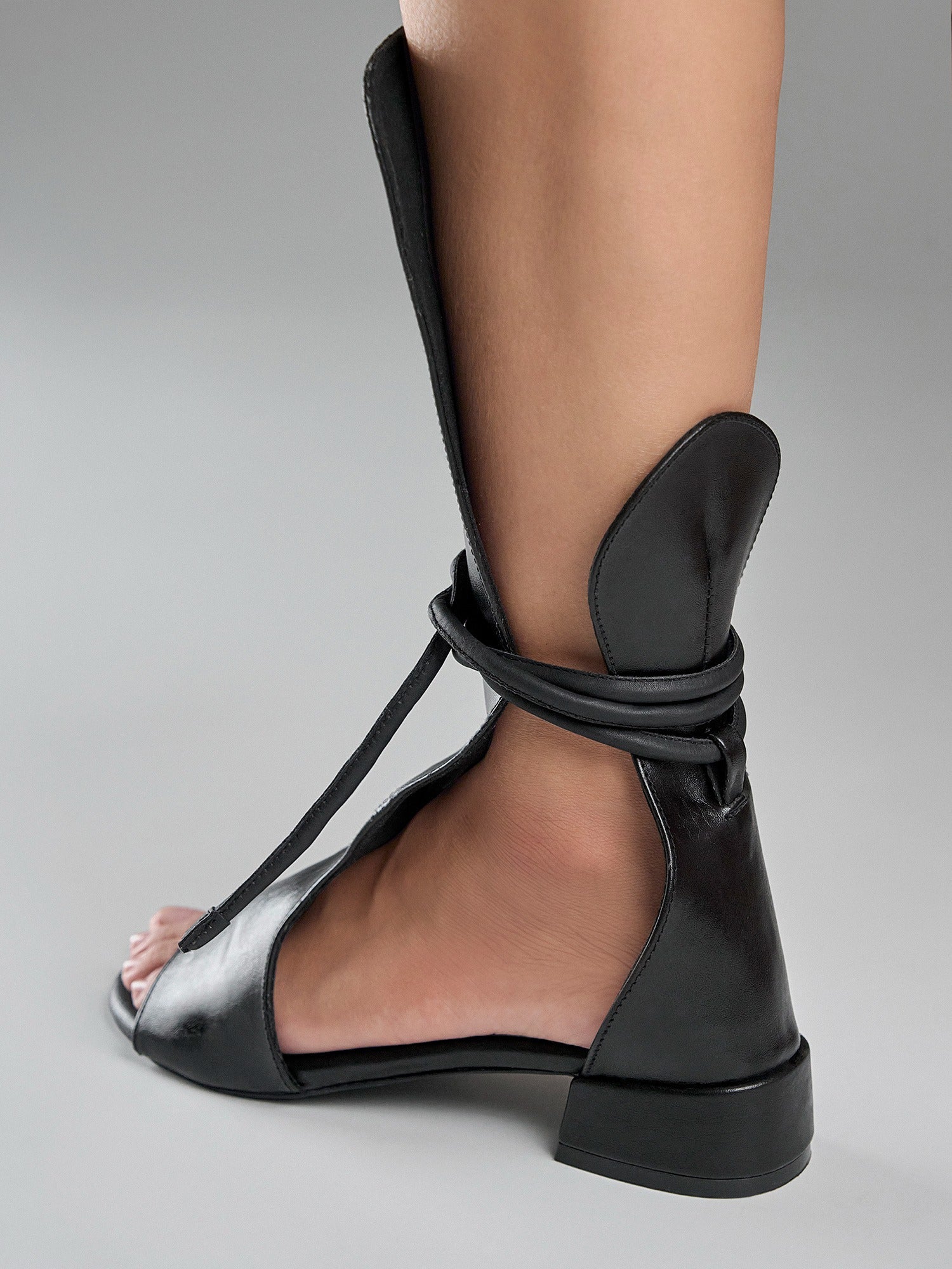 Black Leather Gladiator Block Heel