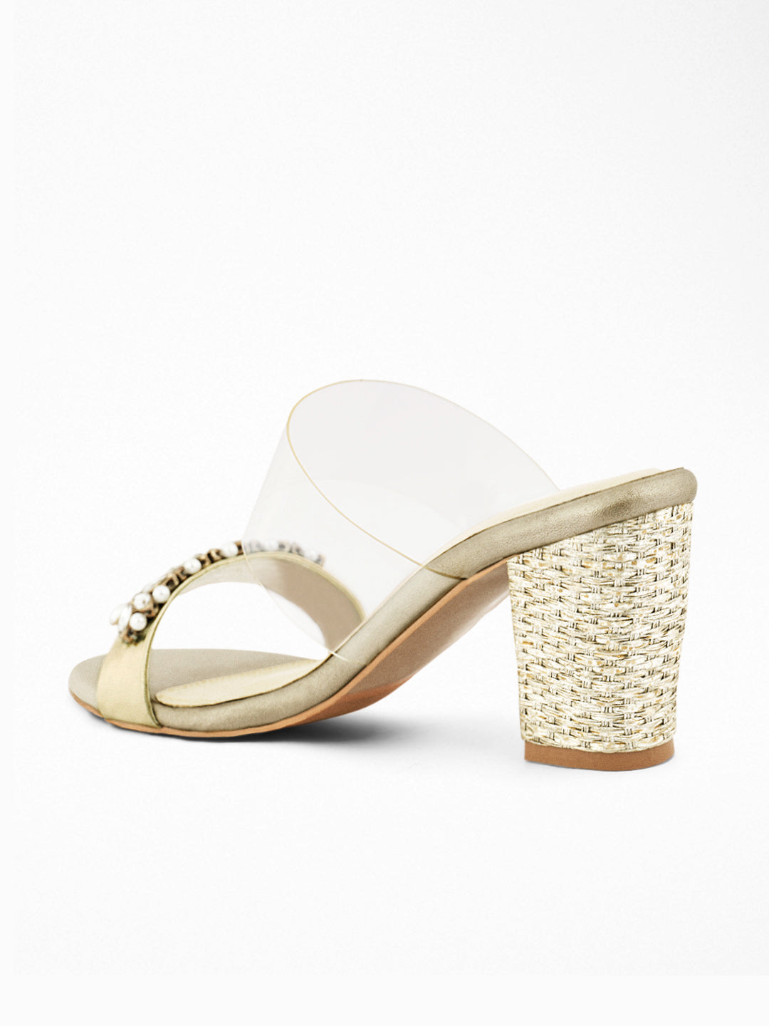 Gold Crystal Pearl Block Heel Mule