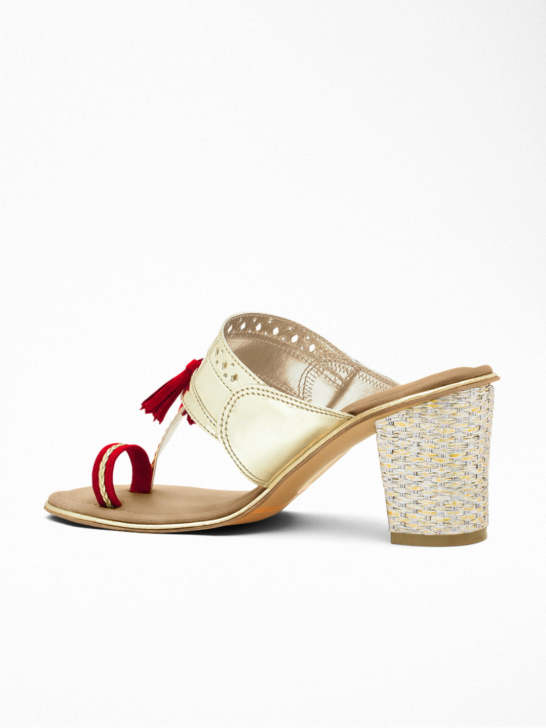 Gold Red Tassel Block Heel Sandal