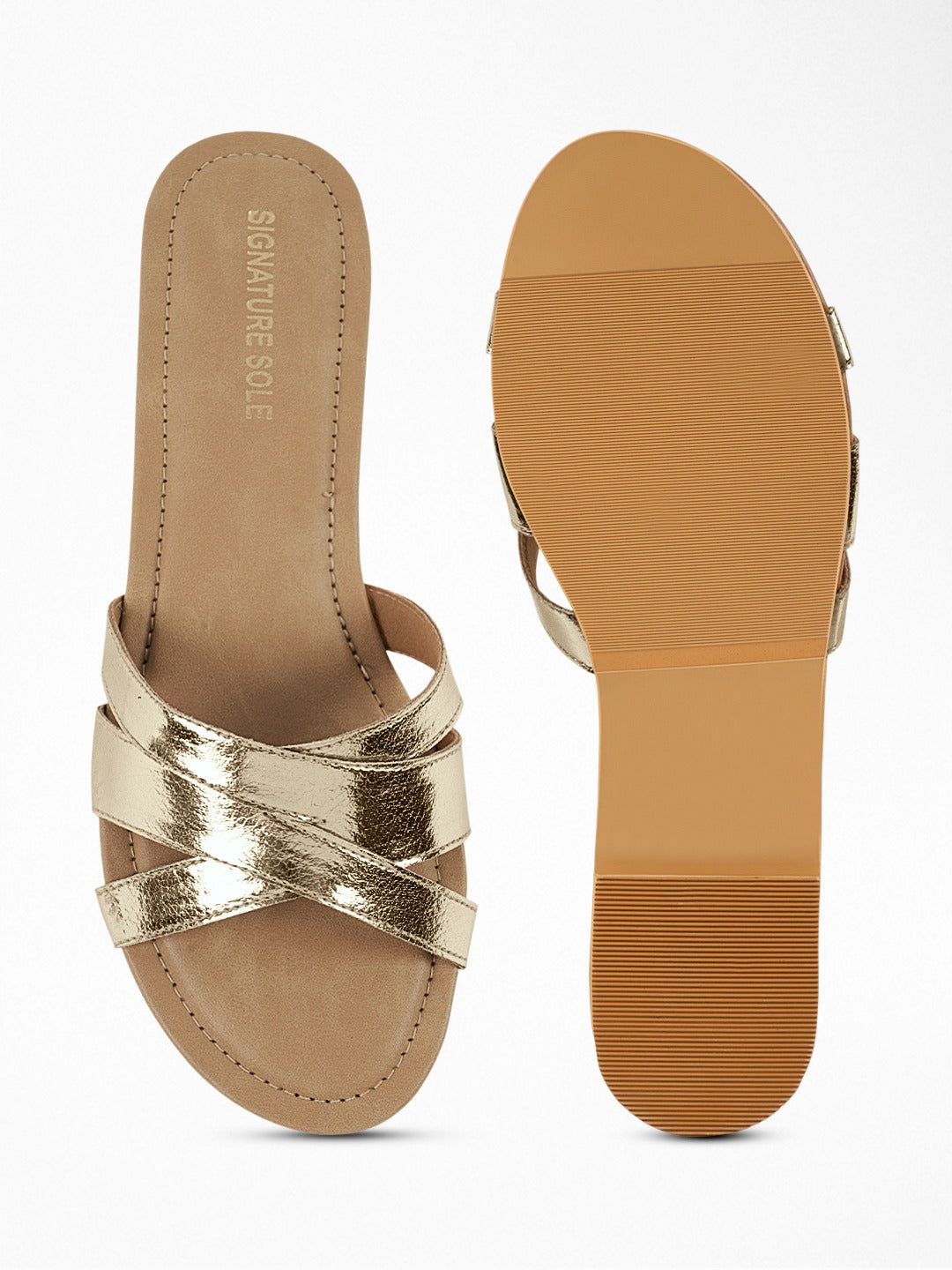 Gold Cross-Strap Flat Slide