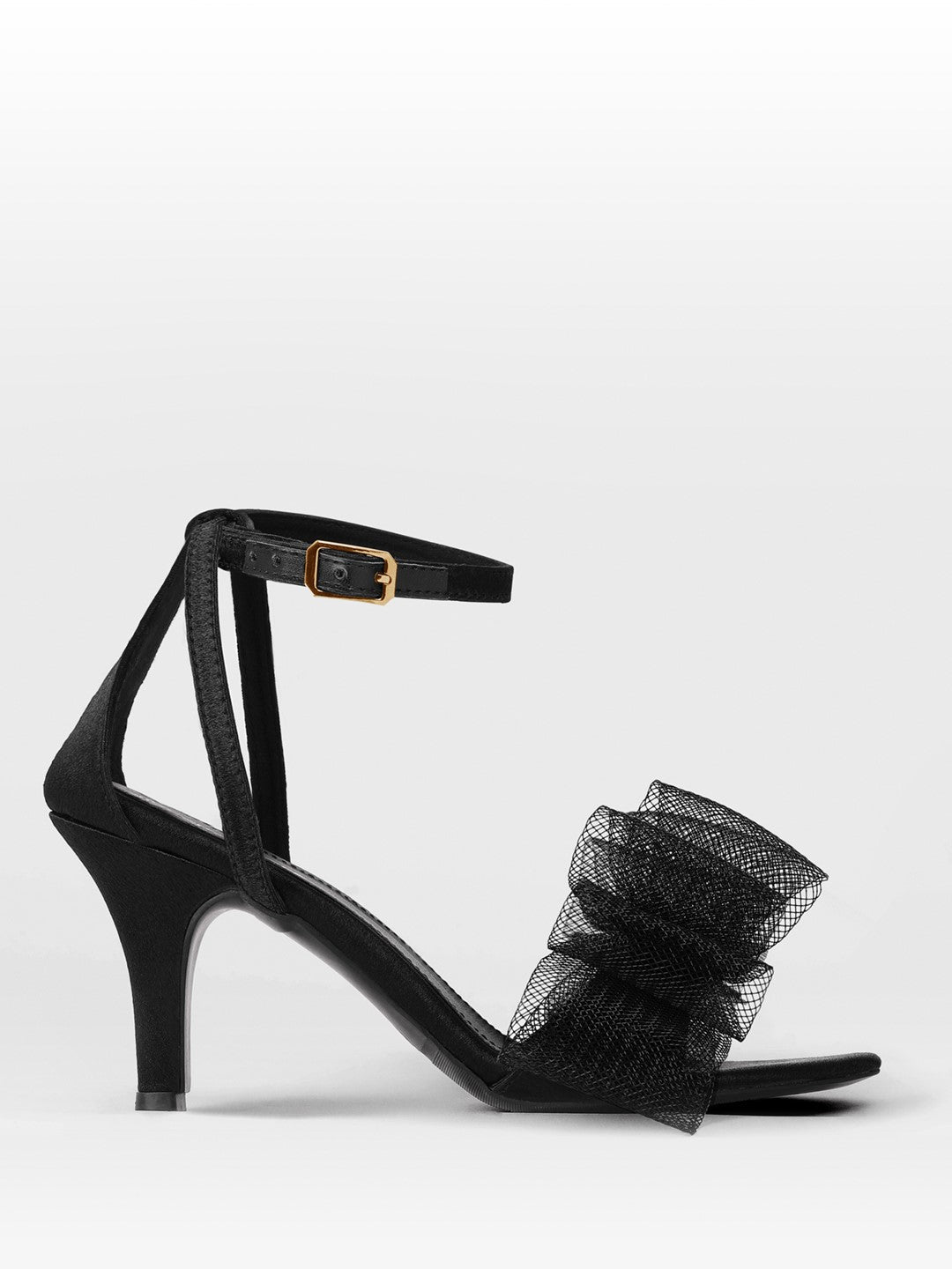 Black Tulle Ruffle Heel Sandal