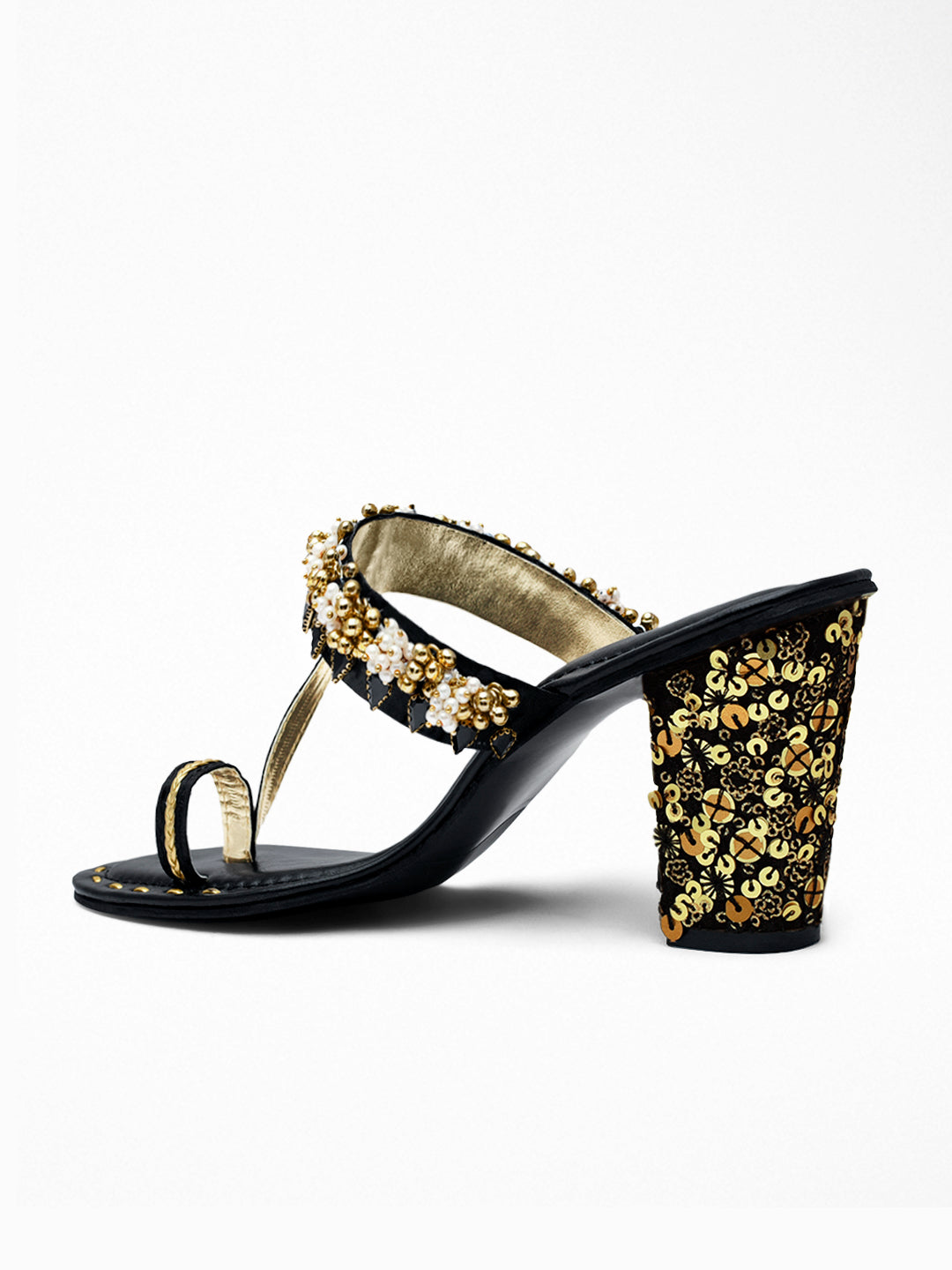 Black Gold Kundan Block Heel Sandal