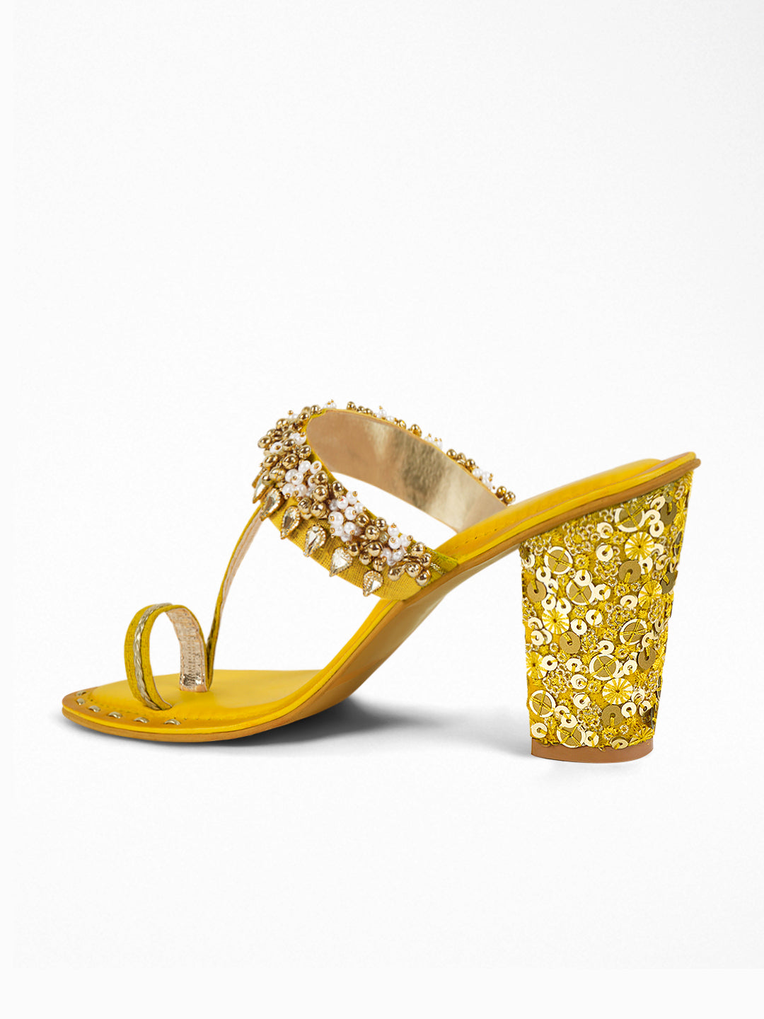 Gold Yellow Kundan Block Heel Sandal