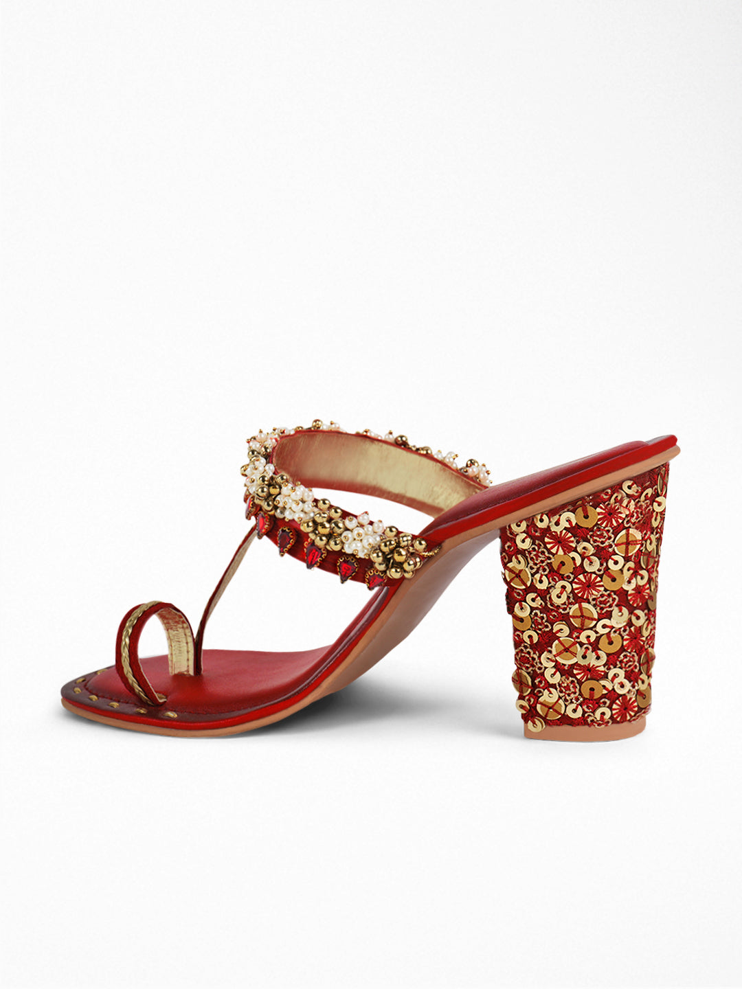 Red Gold Kundan Block Heel Sandal
