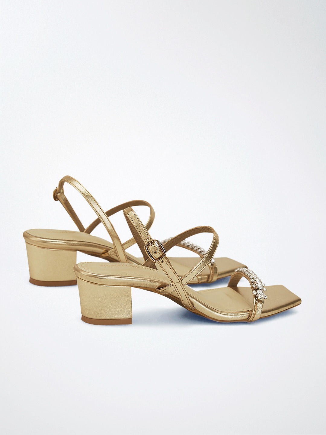 Gold Crystal Toe Strap Block Heel Sandal