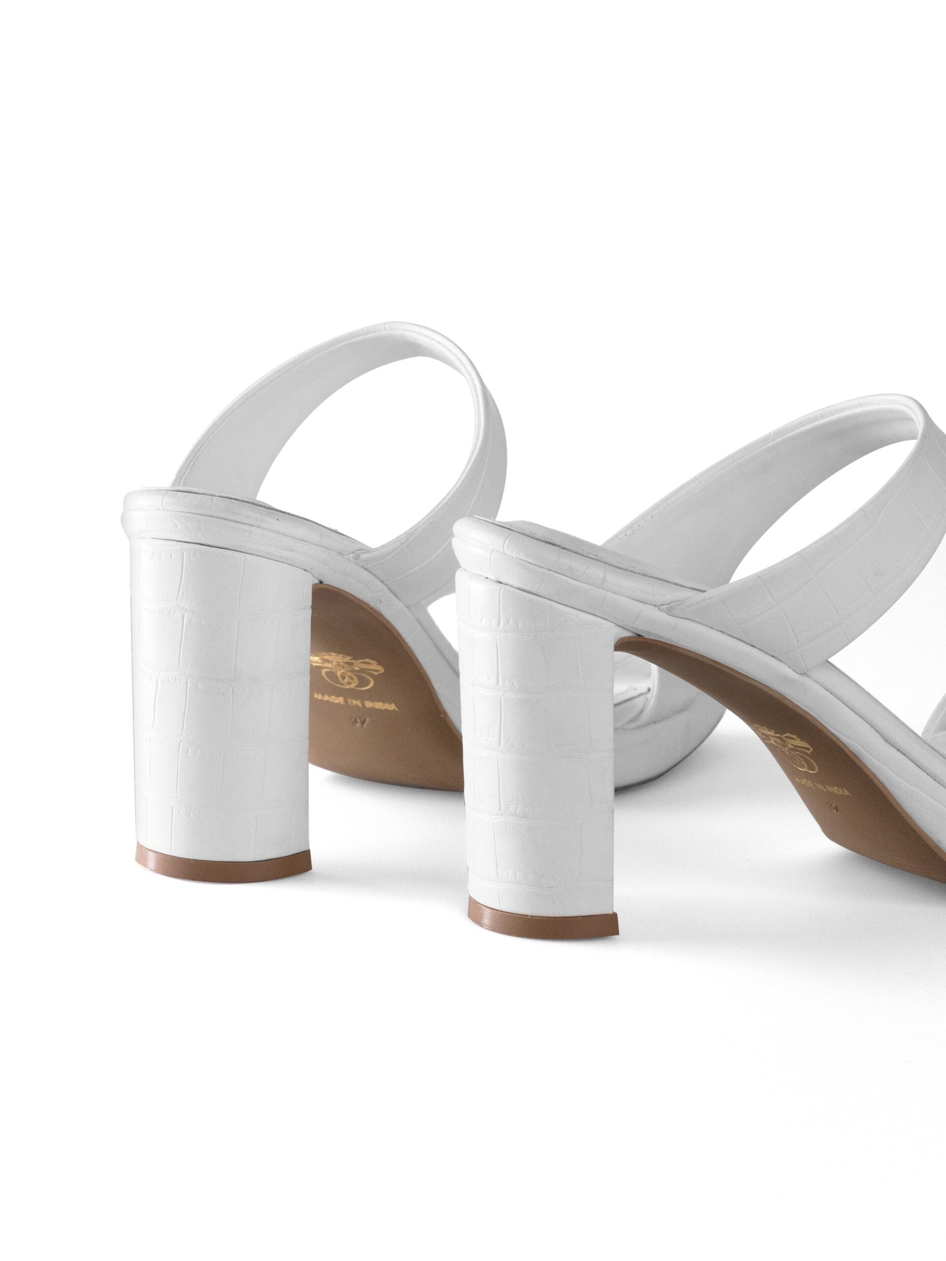 White Croc Double Strap Block Heel