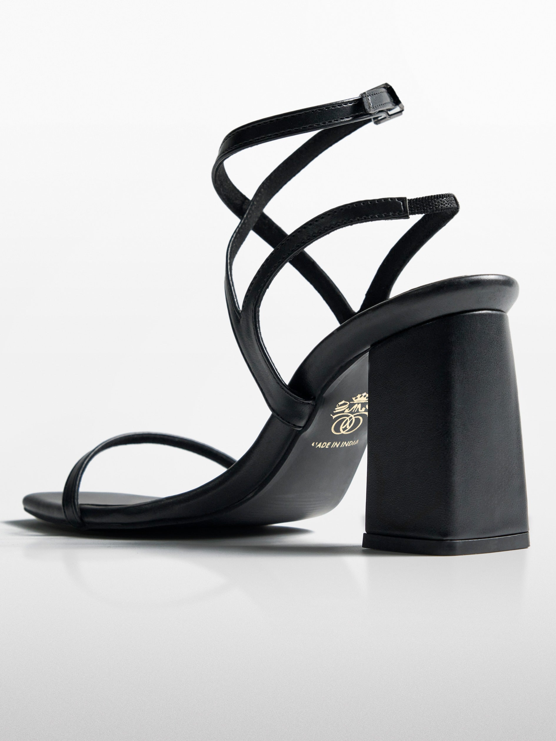 Black Strappy Ankle Block Heel Sandal