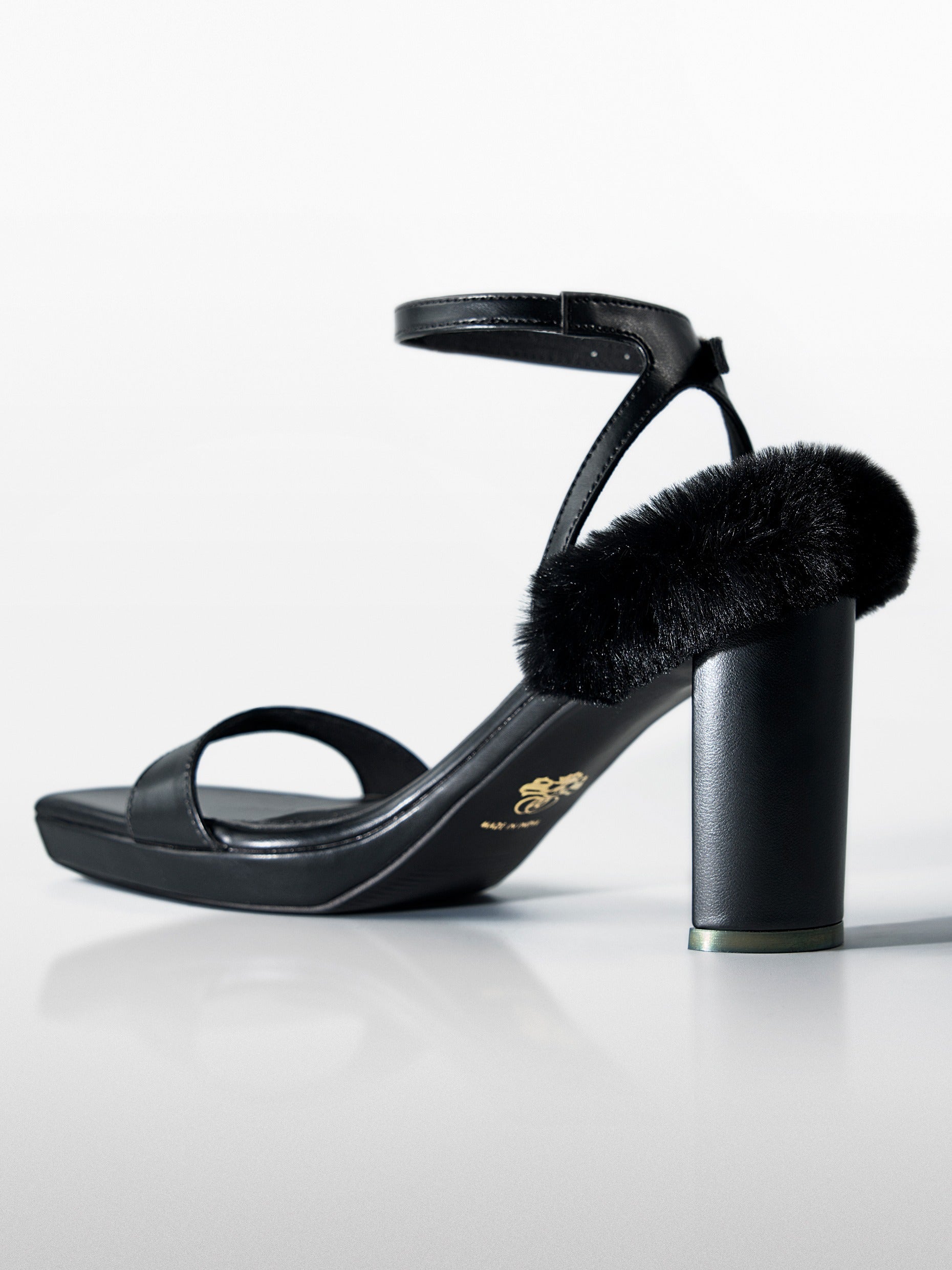 Black Faux Fur wedge Block Heel