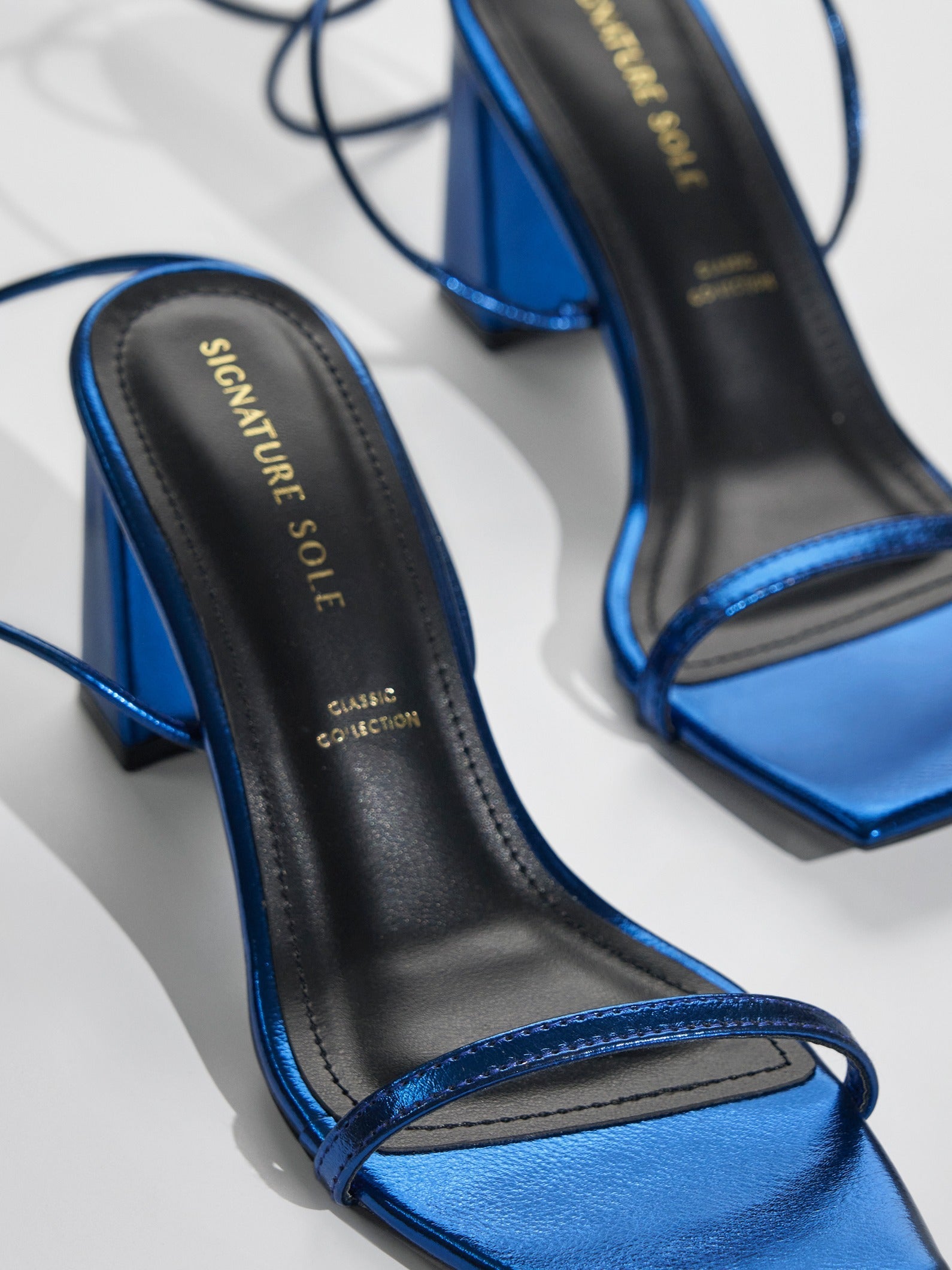 Blue Metallic Ankle Wrap Block Heel