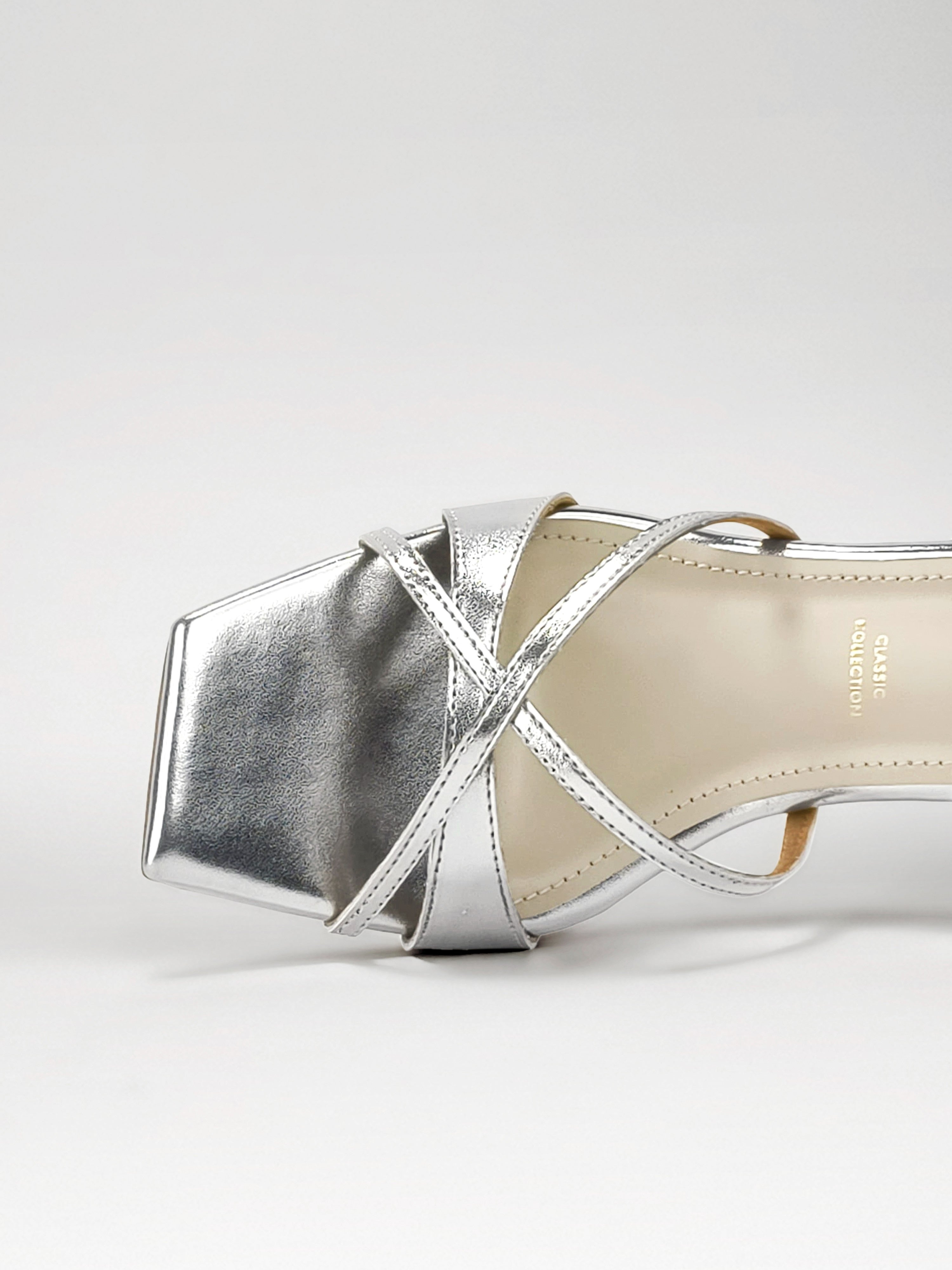 Silver Cross-Strap Block Heel Mule