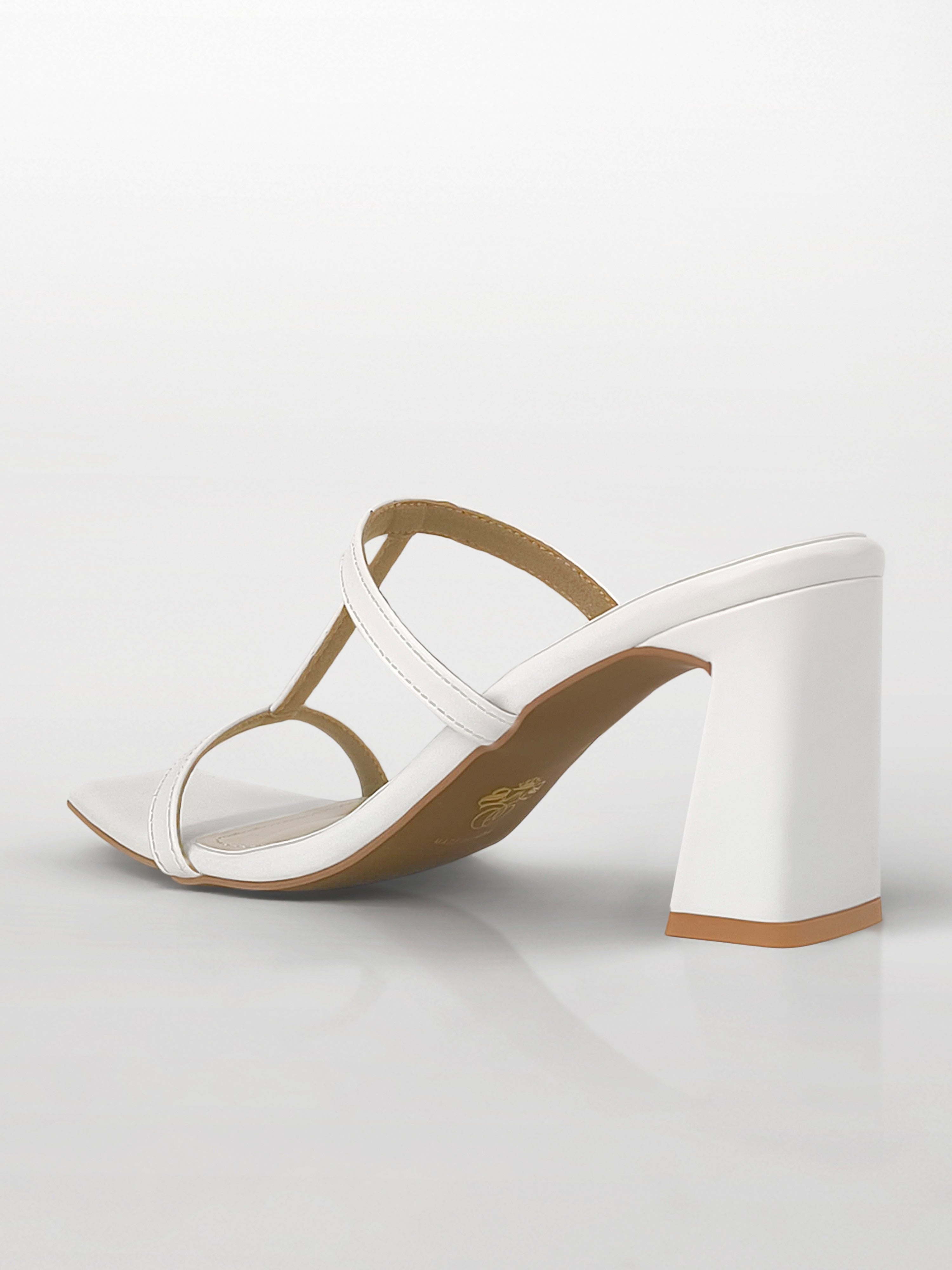 White T-strap Block Heel Mule