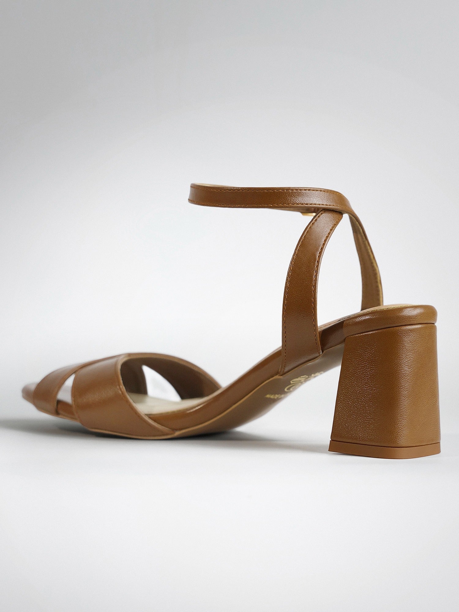 Tan Cross Strap Block Heel Mule
