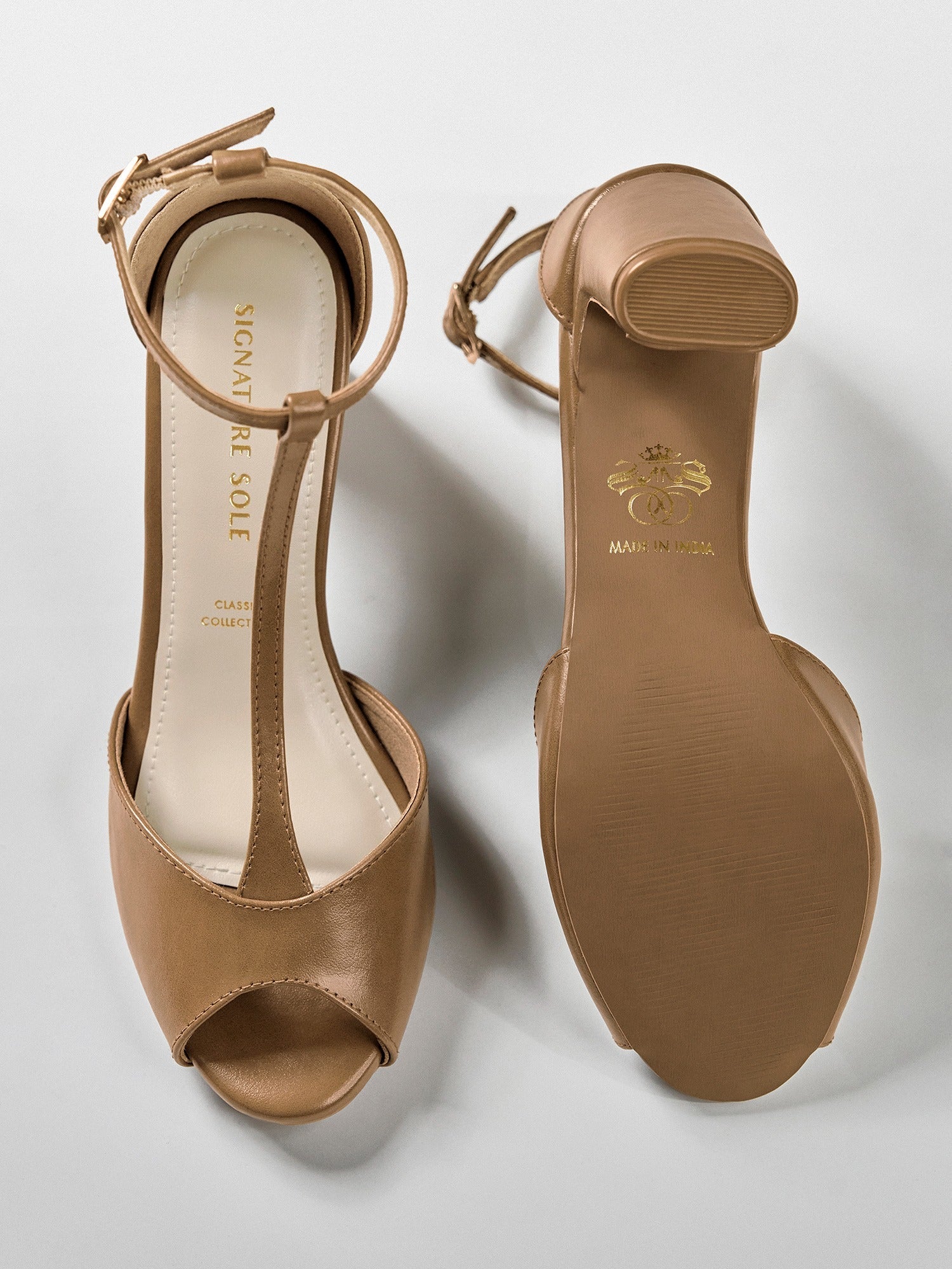 Tan T-strap Block Heel Sandal